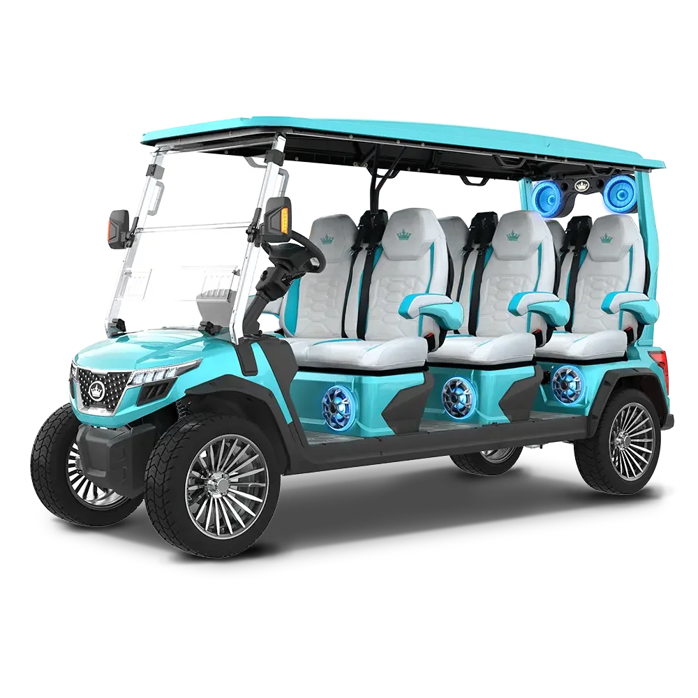 Colorful electric golf cart with four white seats, blue accents, and speakers.