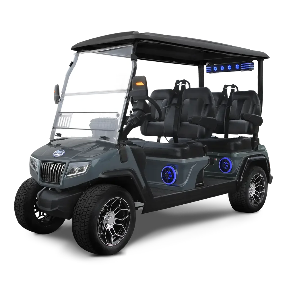 Gray electric golf cart with four rows of seats, a roof, and blue LED accents, viewed from the front-left.