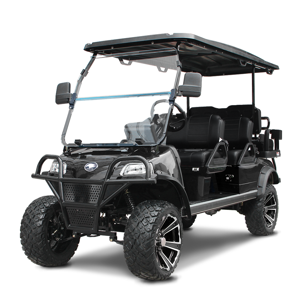 Black electric golf cart with four seats and large off-road tires.