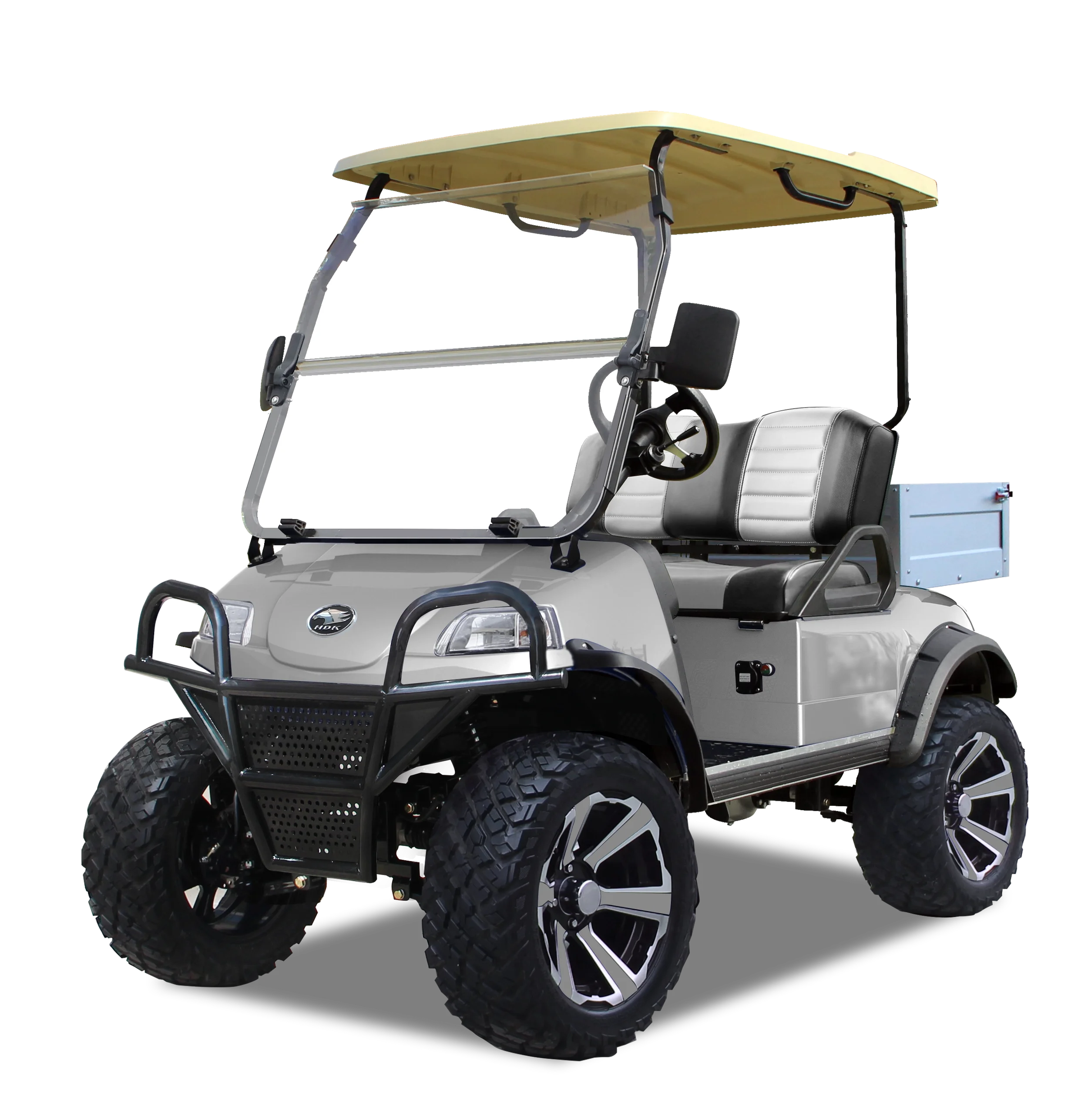 A golf cart with a roof and four large tires, featuring a modern design with black and gray accents.