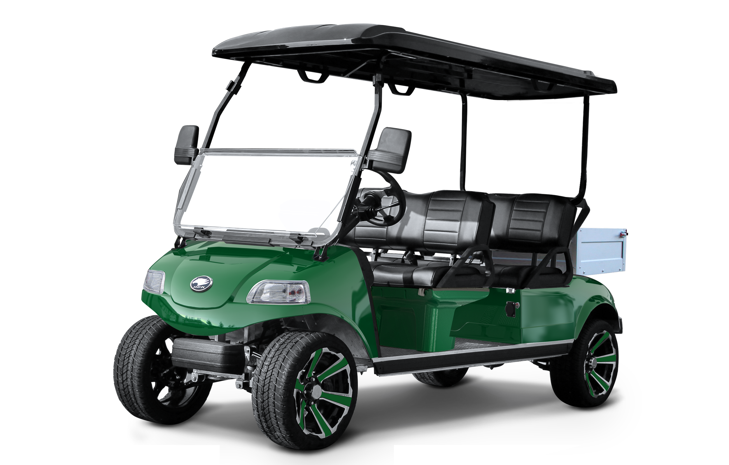 A green golf cart with a roof, black seats, and a small windshield, isolated on a black background.