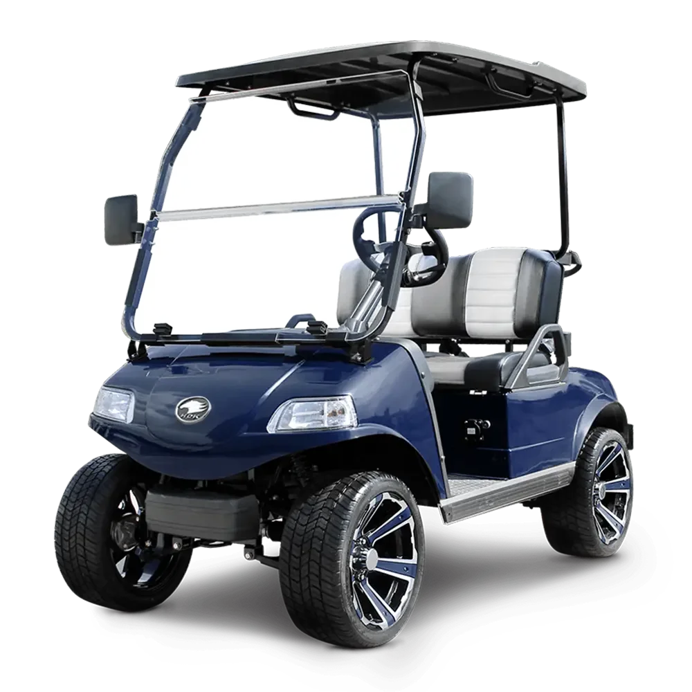 A blue golf cart with four wheels, two seats, a steering wheel, a windshield, and a roof.