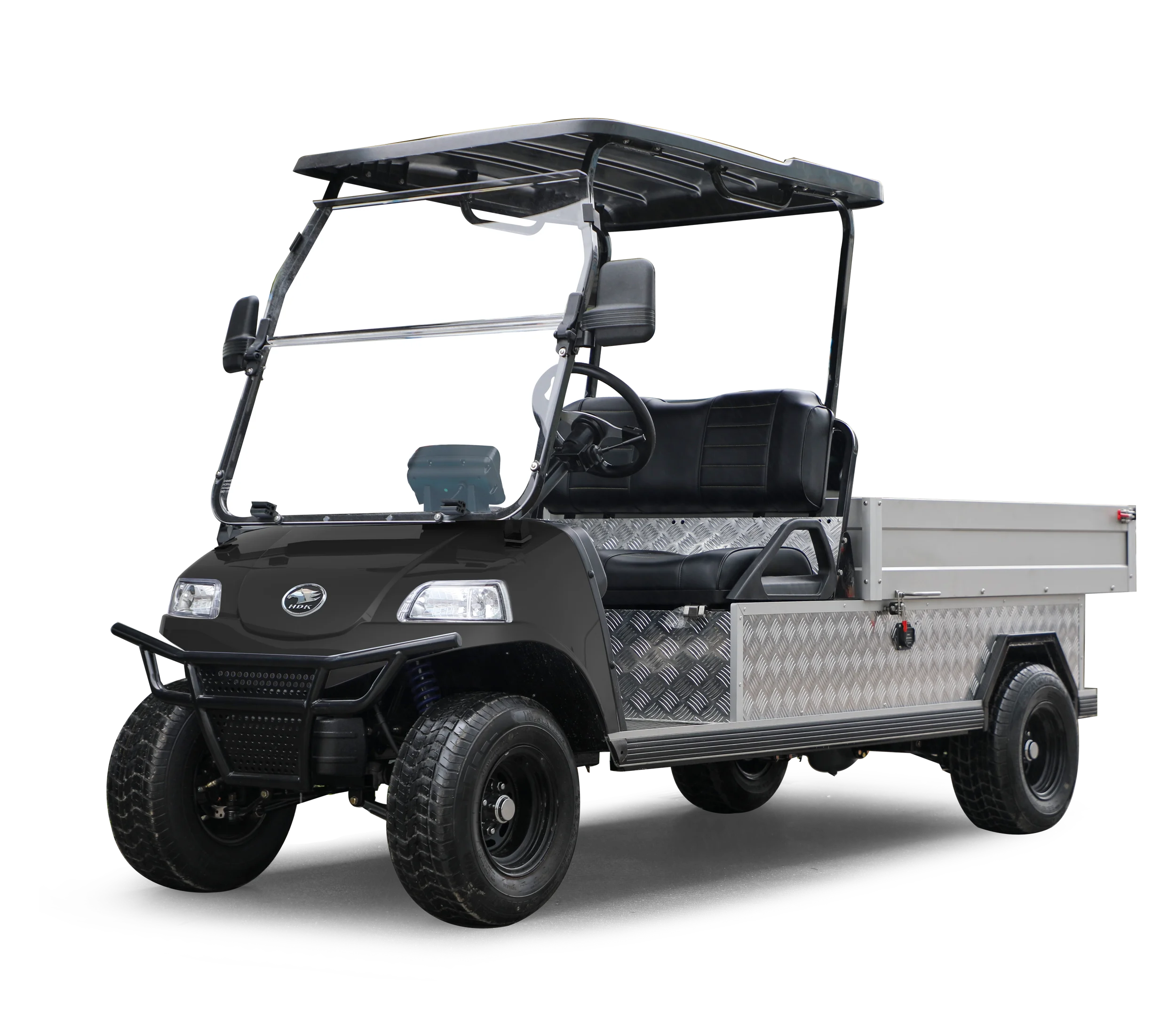 A golf cart with a black body, black seats, and a roof, attached to a trailer with a metal diamond plate surface.