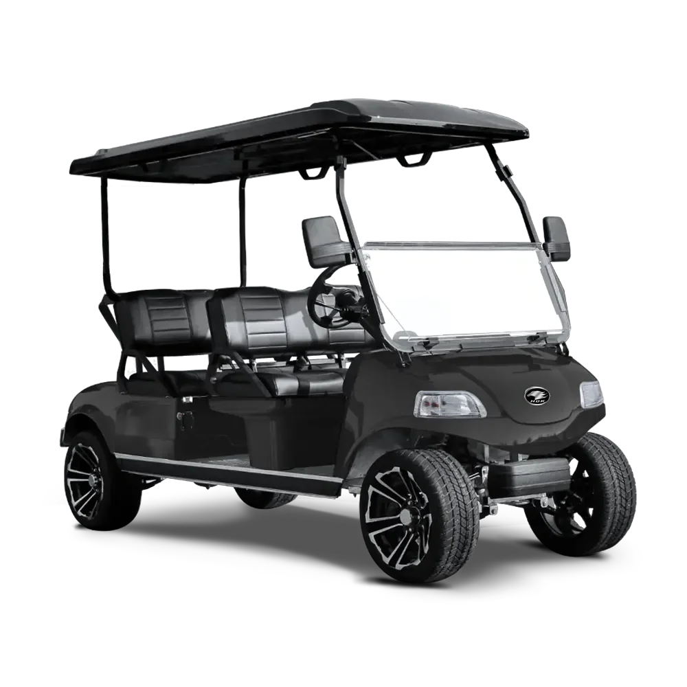 Black golf cart with a canopy, seats, and a windshield.