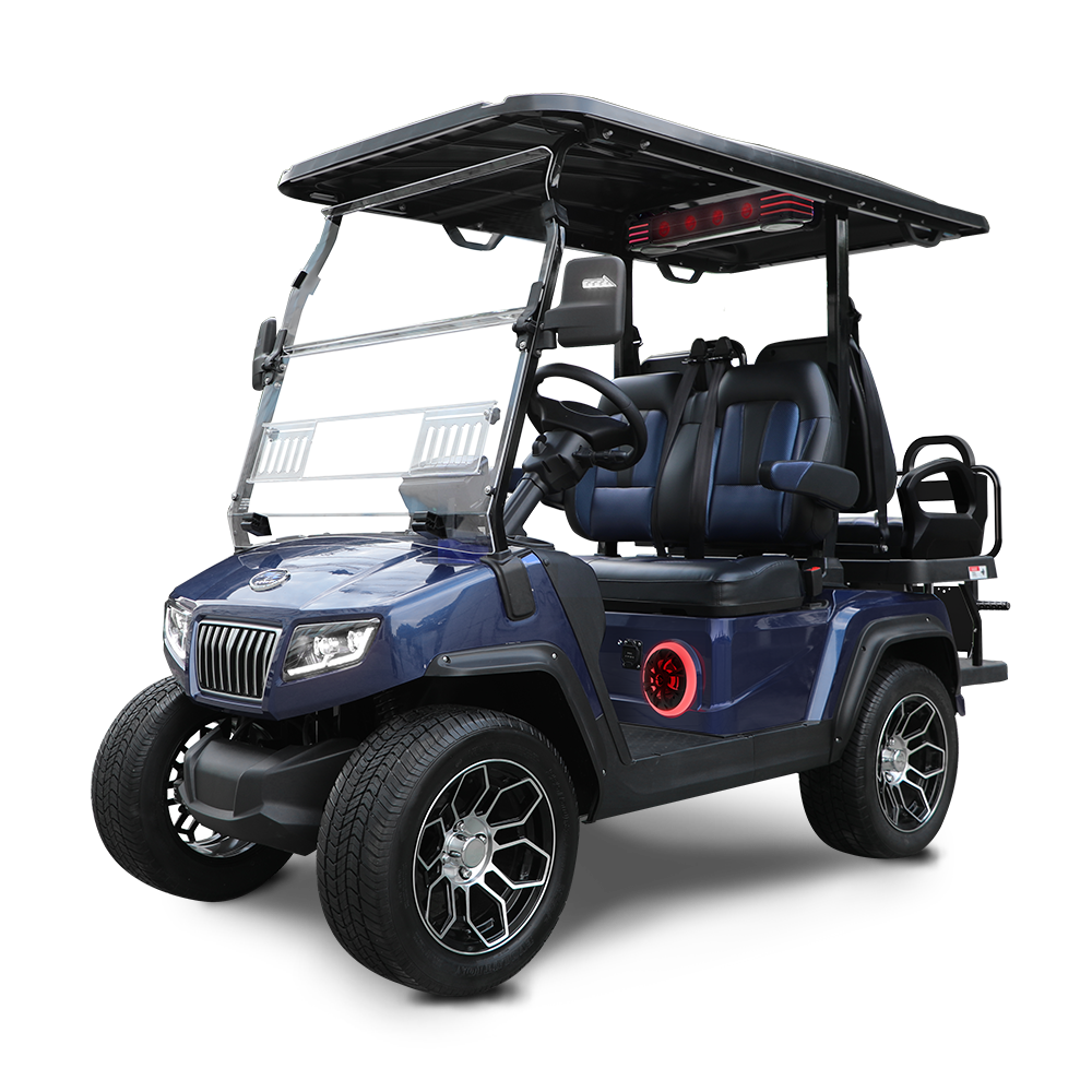 A blue golf cart with four seats, a black roof, and a transparent windshield.