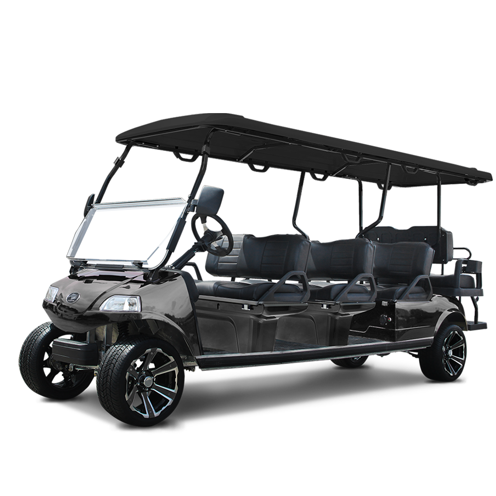 Electric golf cart with multiple rows of black seats and a black roof, designed for transporting several passengers.