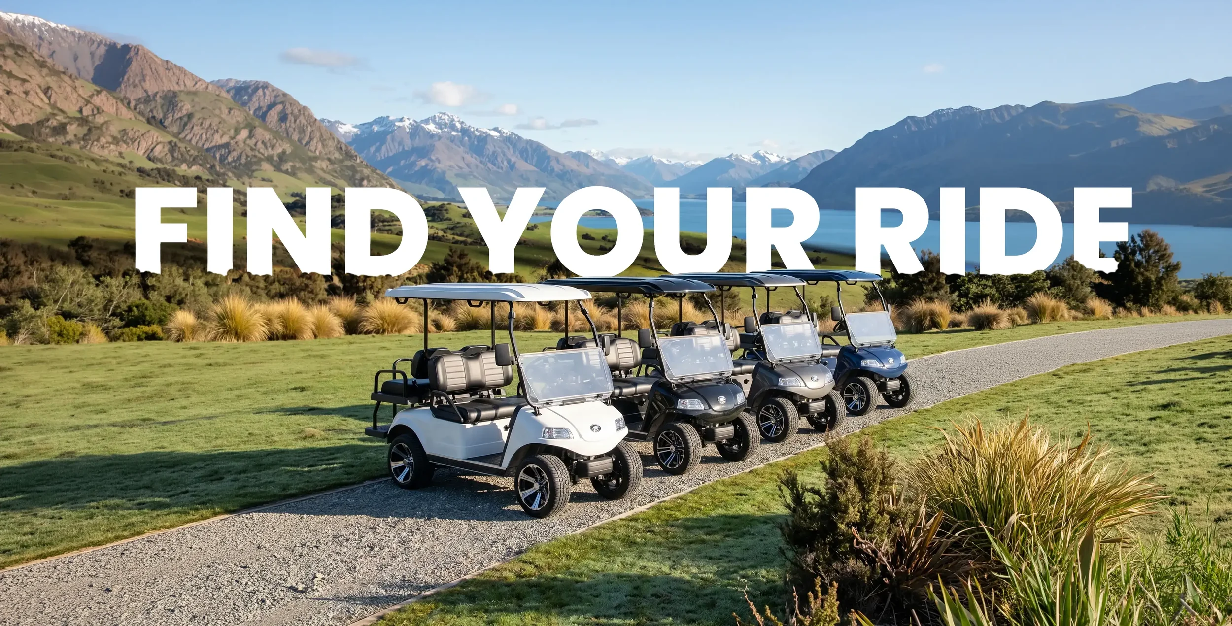 Row of six golf carts parked on a gravel path in a scenic landscape with mountains, green grass, and blue sky, with the text 'FIND YOUR RIDE' overlaid.