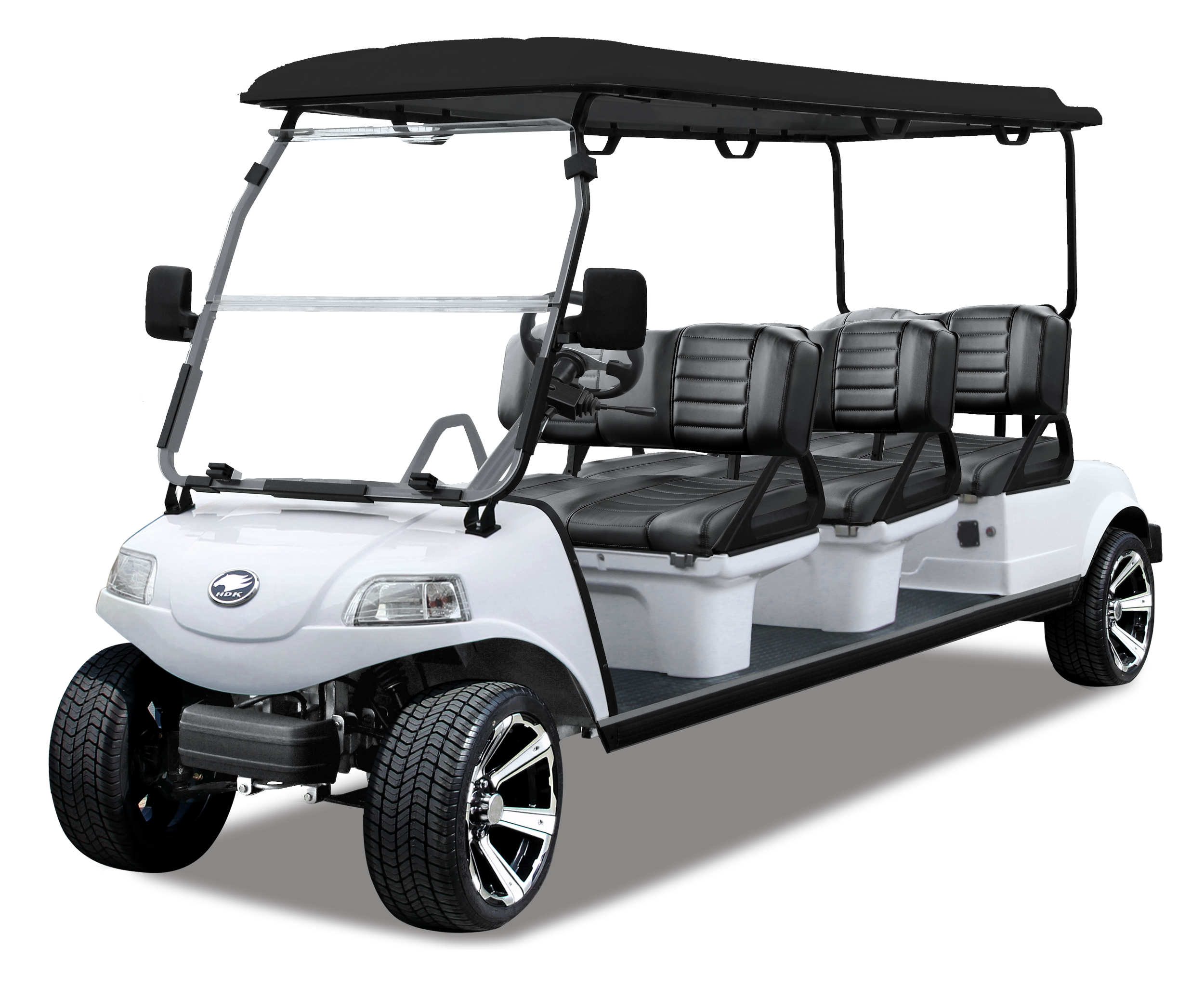 A white golf cart with black seats and a black roof, showing the front and side view.