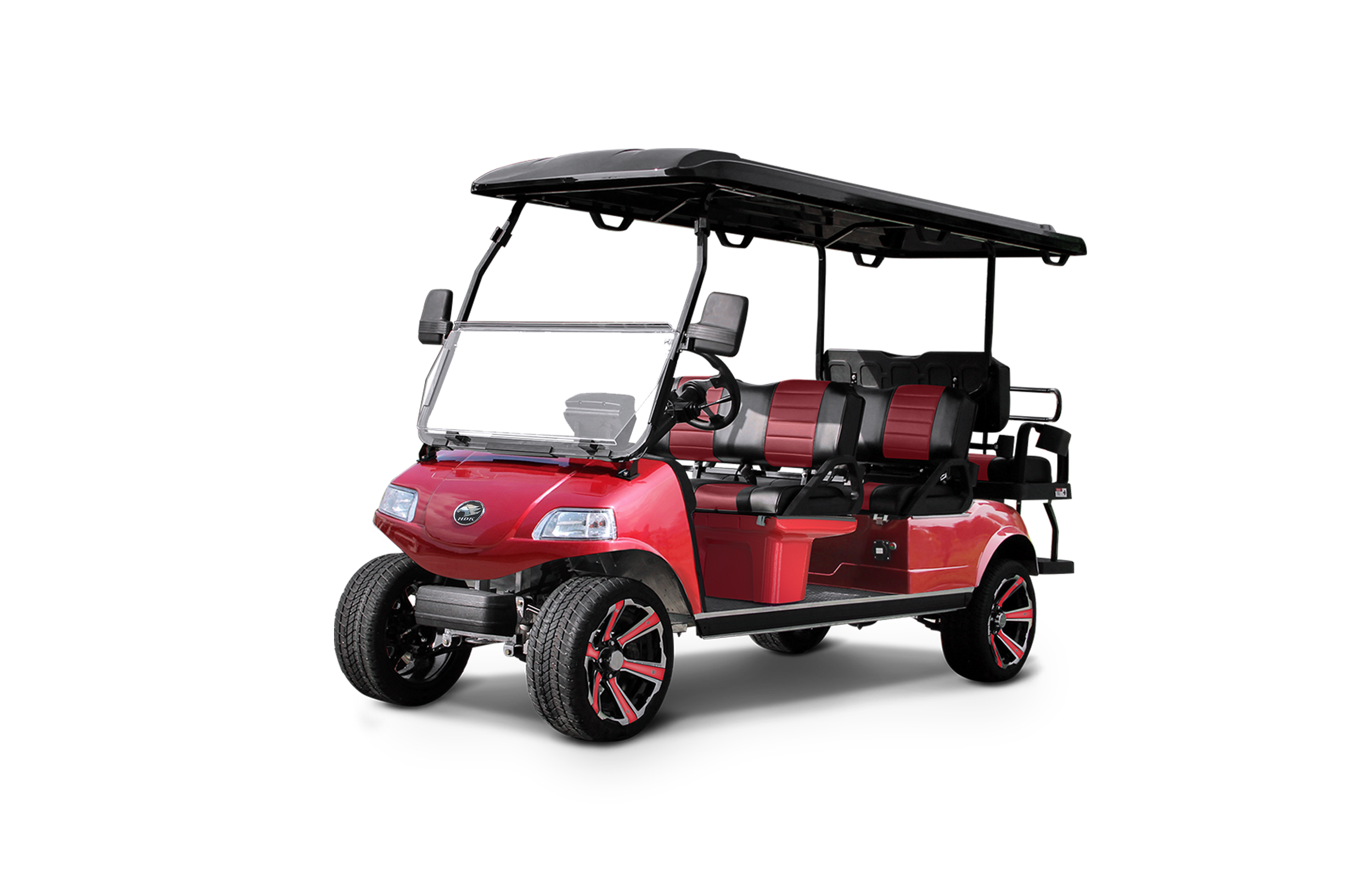 A red electric golf cart with a black roof, facing slightly to the right, with black and red wheels, and a spacious seating area.