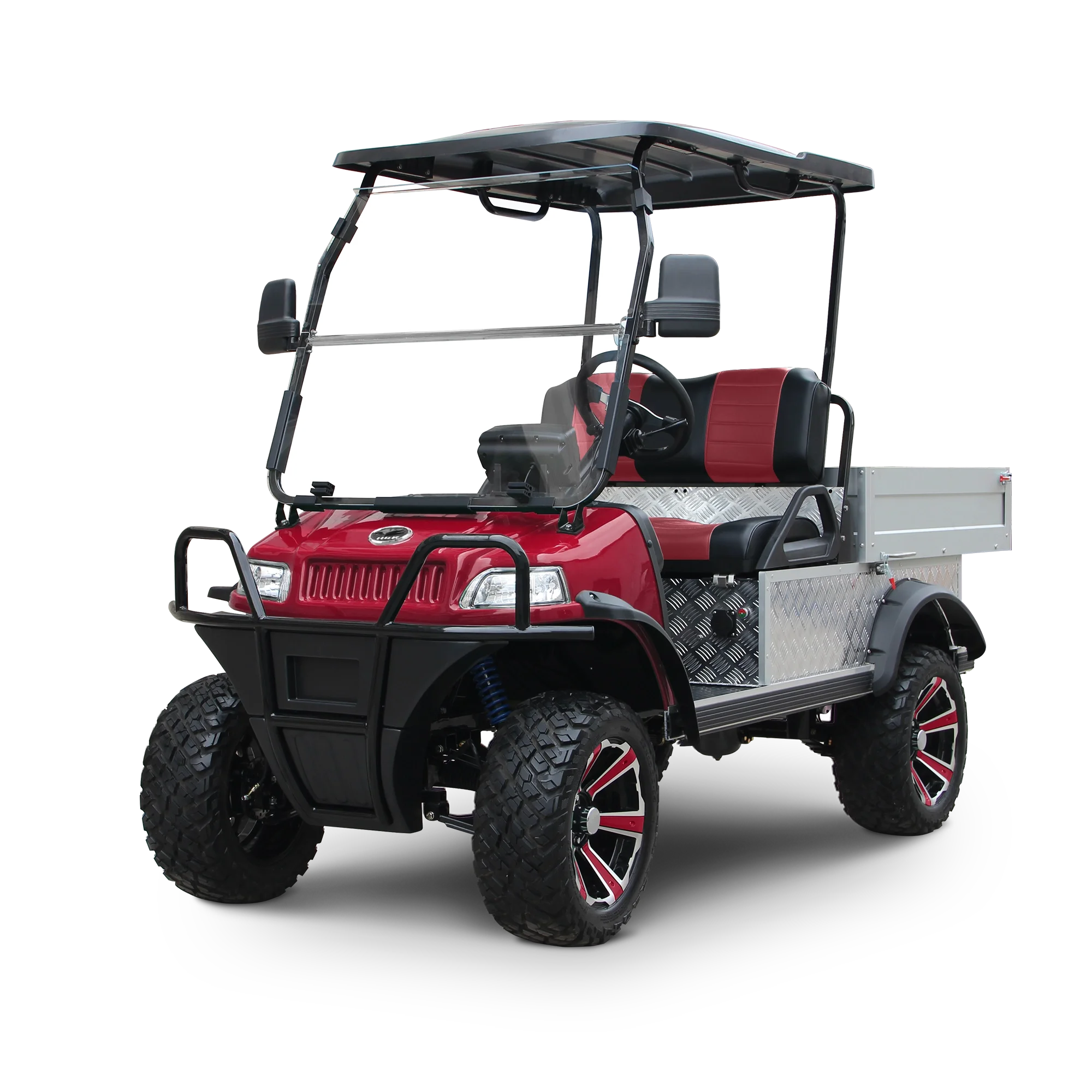 A red golf cart with a black roof and large off-road tires, featuring custom rims with red accents.