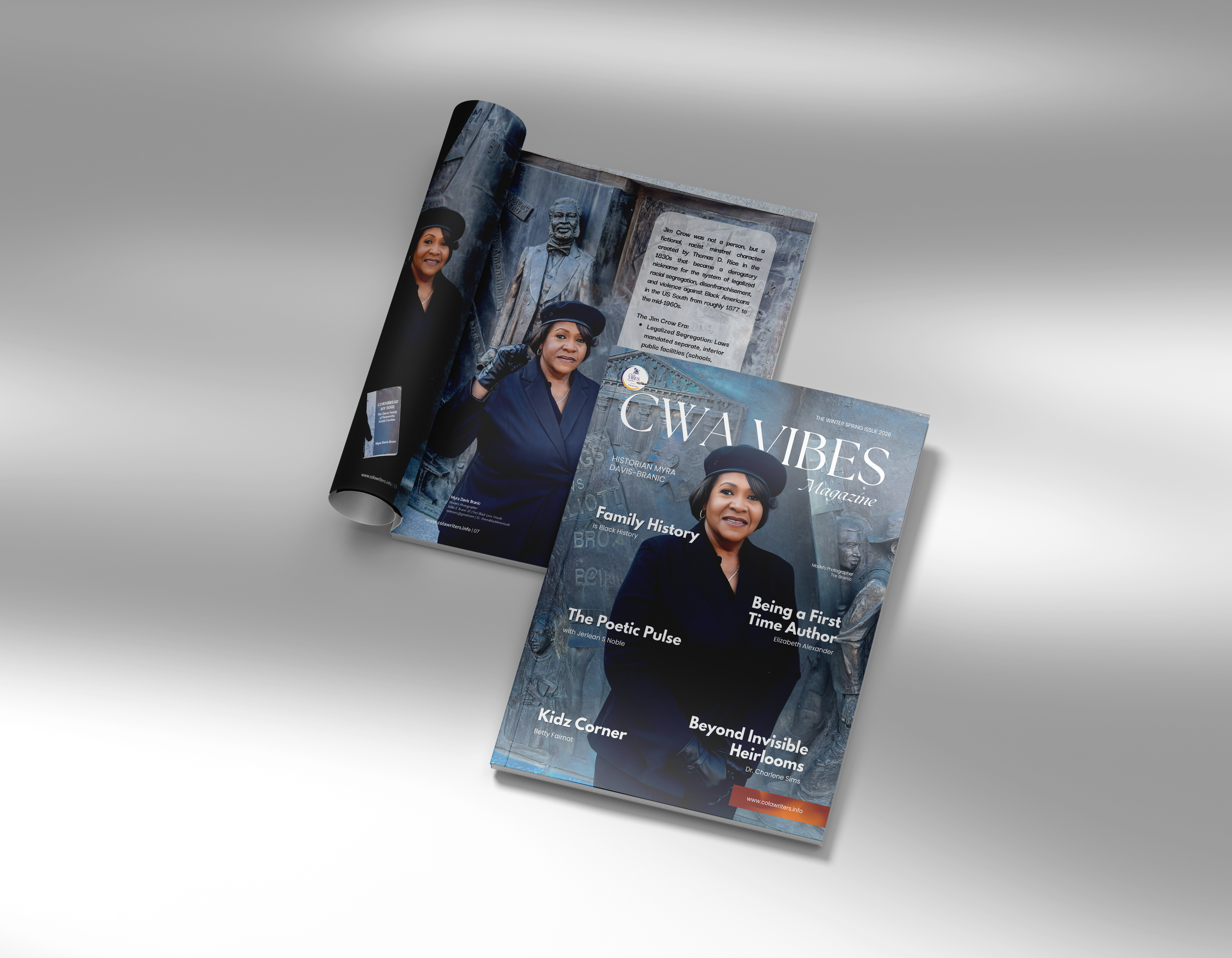 A magazine titled 'CWA VIBES' is displayed, featuring images of a Black woman in a business suit and police uniform, along with historical and cultural articles.