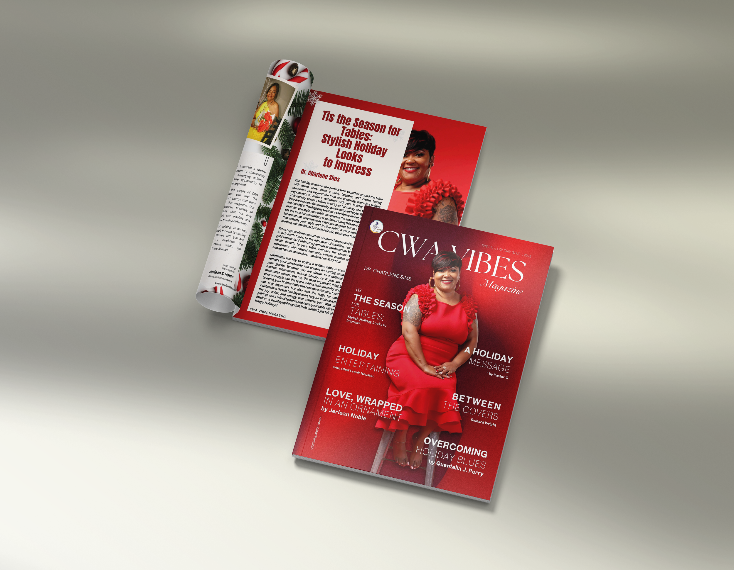Close-up of two magazine covers with red backgrounds, featuring a woman in a red dress smiling, and headlines about holiday table settings and overcoming holiday blues.