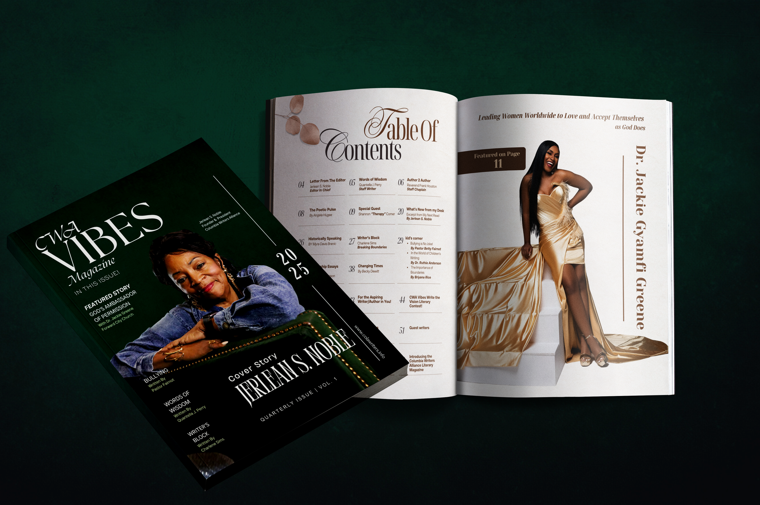 Open magazine with a woman in a gold dress laughing, and a cover of another magazine featuring a woman with braided hair