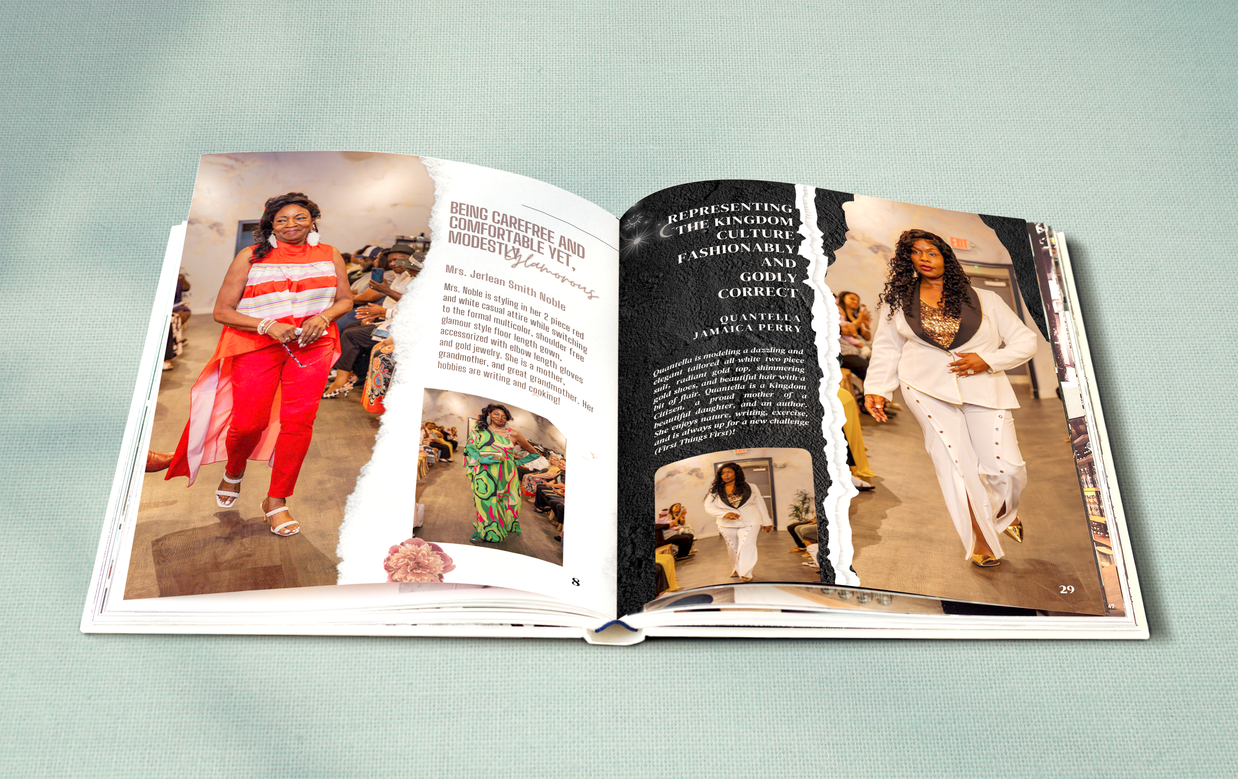 Open magazine with photos and text about fashion, featuring women modeling outfits on a runway.