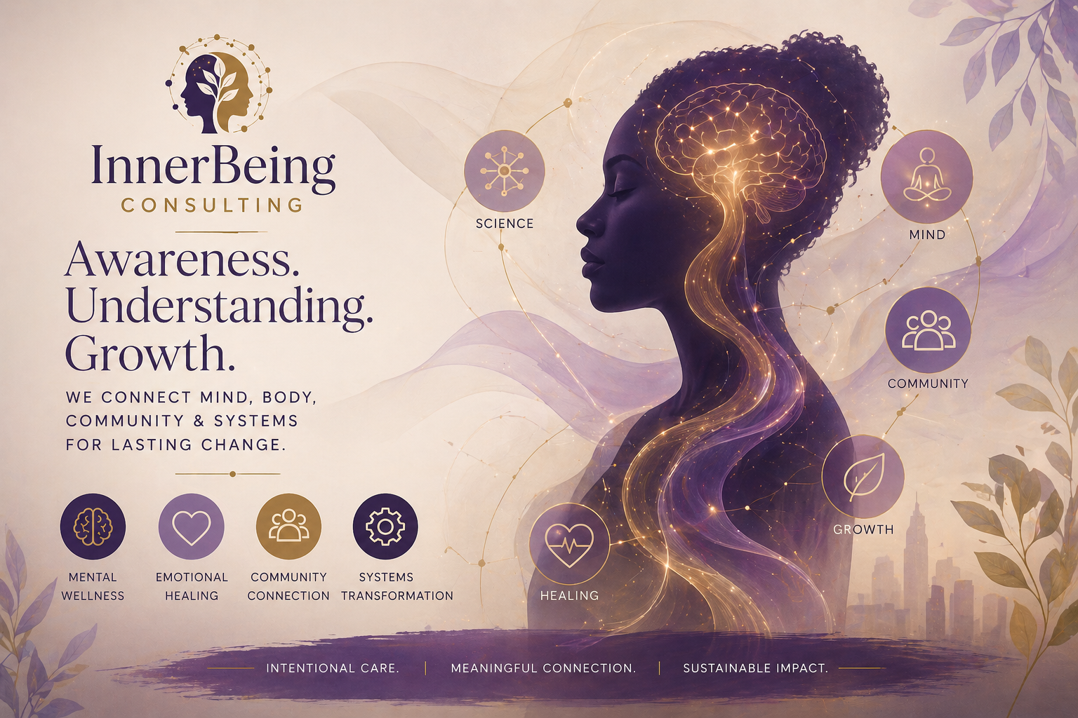 A woman in profile with glowing, interconnected lines and a brain illustration overlay. Surrounding icons represent science, mind, community, growth, and healing, with soothing colors and leaf motifs.