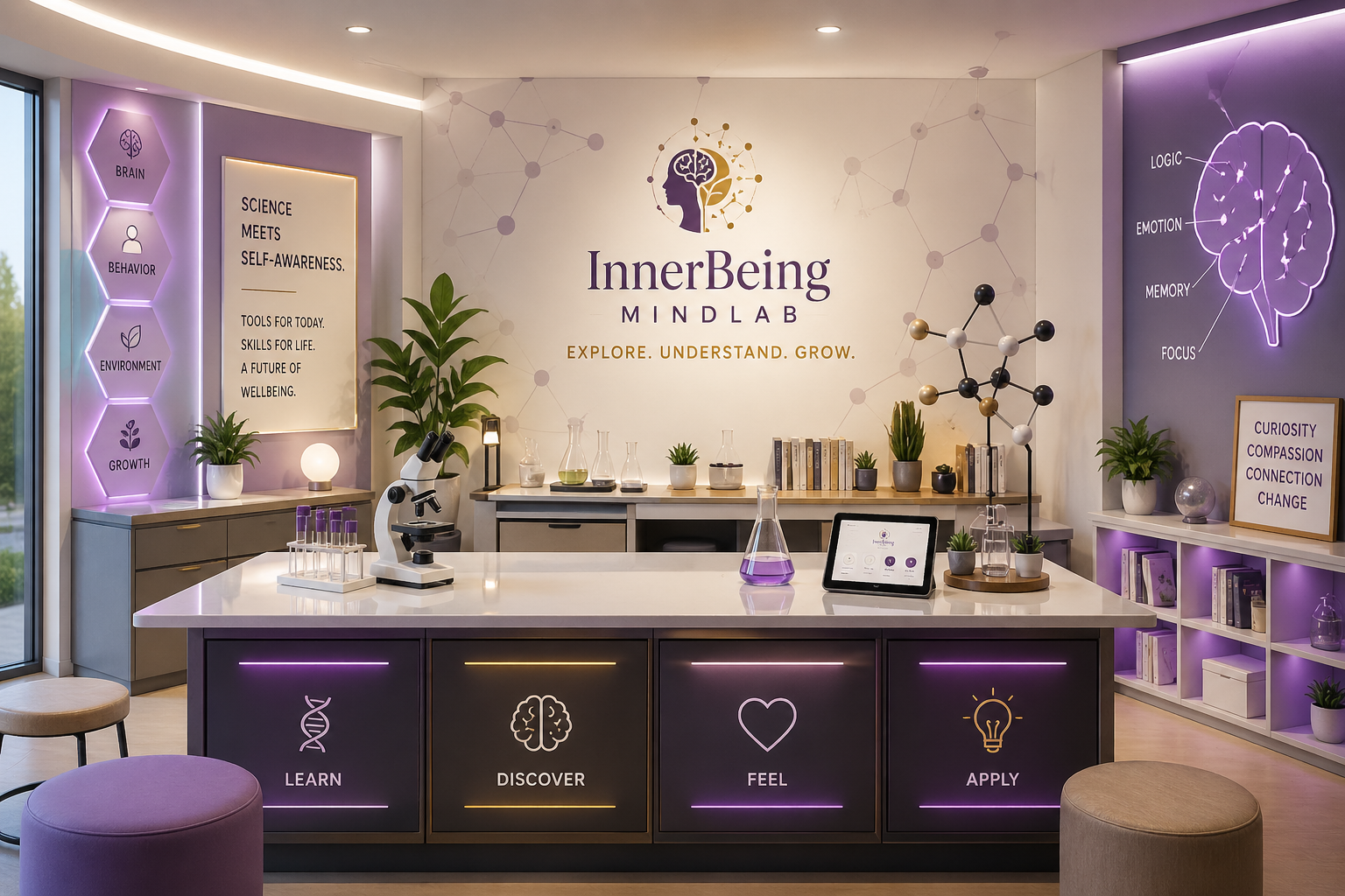 Interior of a modern wellness or learning center with a focus on brain science and self-awareness. The space features a reception desk with four illuminated sections labeled Learn, Discover, Feel, and Apply. The back wall displays a logo and words InnerBeing MindLab, with phrases like Explore, Understand, Grow. Decor includes plants, books, laboratory glassware, a microscope, and molecular models, with purple and white lighting and motivational posters about science and the brain.