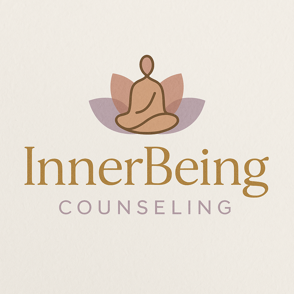 Logo for InnerBeing Counseling featuring a simple illustration of a person meditating above a lotus flower with petals in soft pink and purple tones.