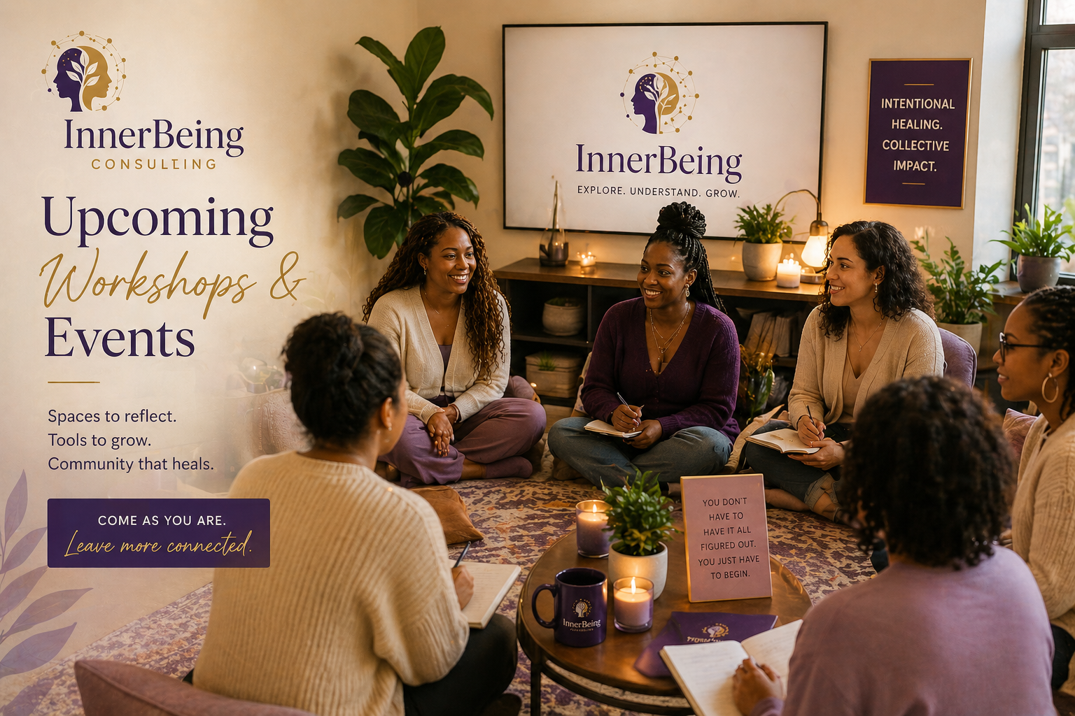 A group of women sitting on the floor in a circle engaging in a discussion during a workshop at InnerBeing Consulting, with banners advertising upcoming workshops and events, surrounded by plants and candles in a cozy, well-lit room.