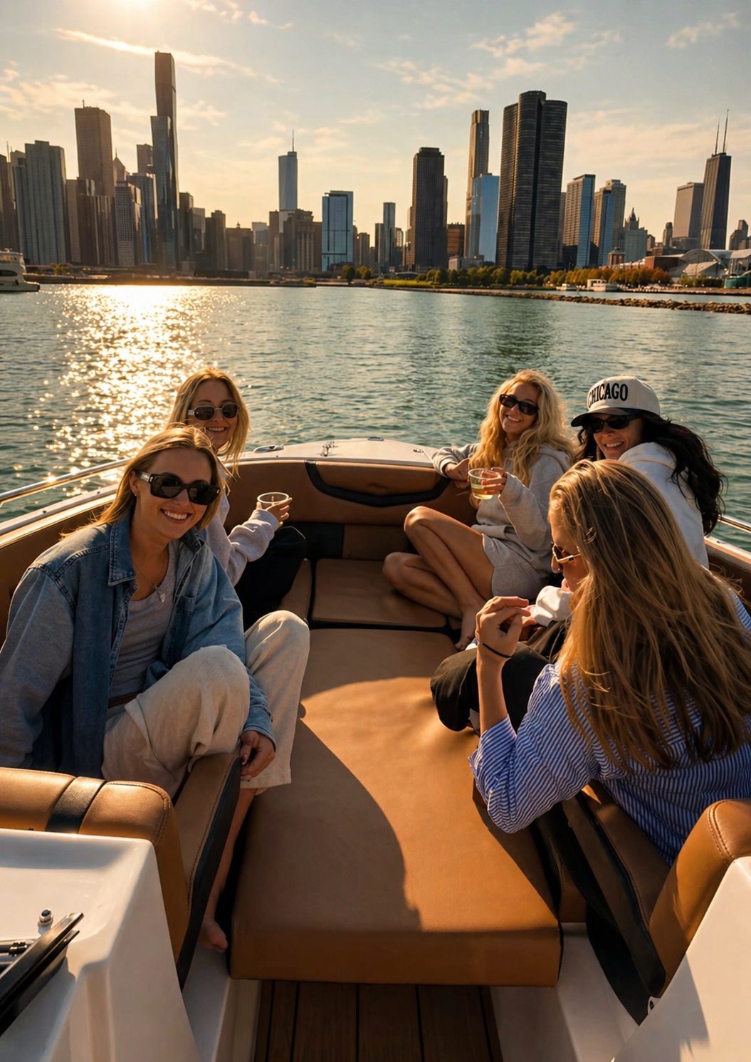 Five women sitting on a boat enjoying drinks, with a city skyline and water in the background during sunset.