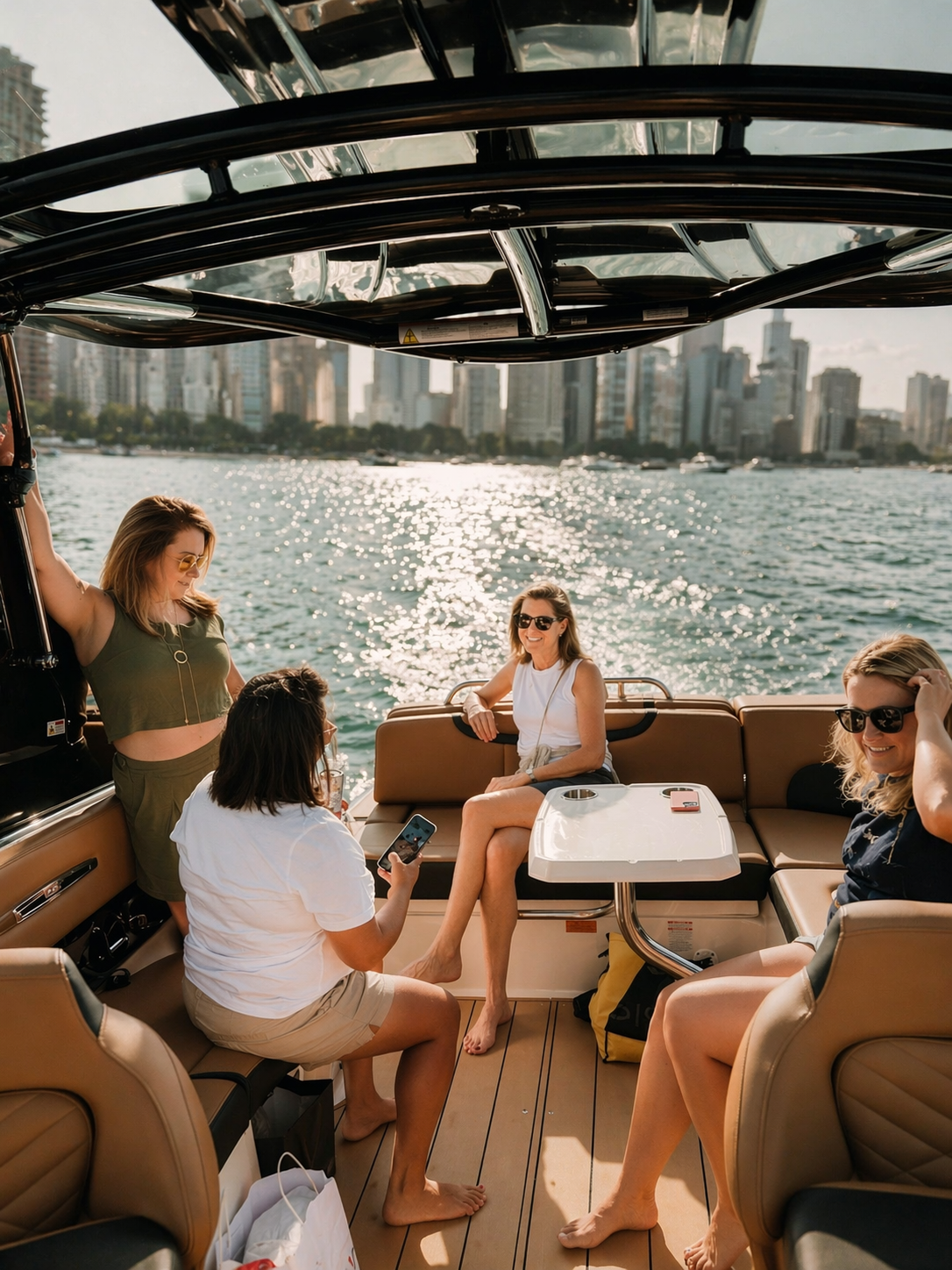 Four women enjoying a boat ride on a river with a city skyline in the background, sitting on beige cushioned seats around a small table, one woman standing, all in casual summer attire and sunglasses.