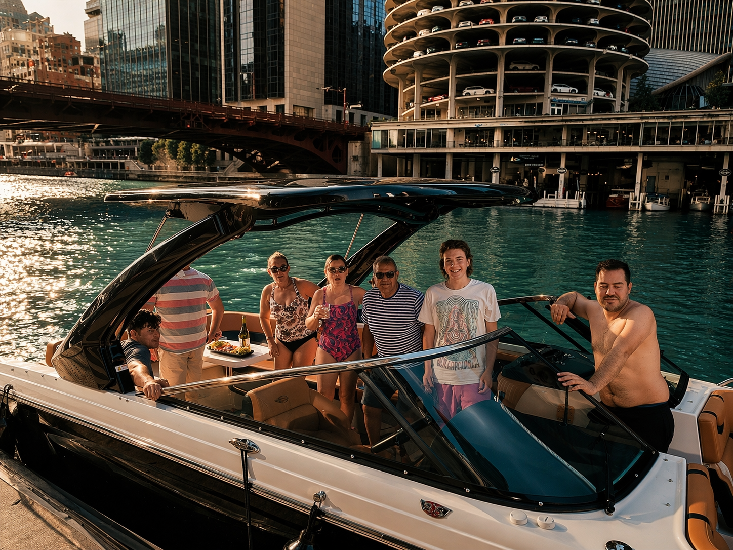 A group of seven people on a yacht docked at a pier in an urban waterfront area during sunset, with tall buildings and a parking garage in the background. The group appears to be enjoying a leisure outing, with some holding drinks and others smiling 