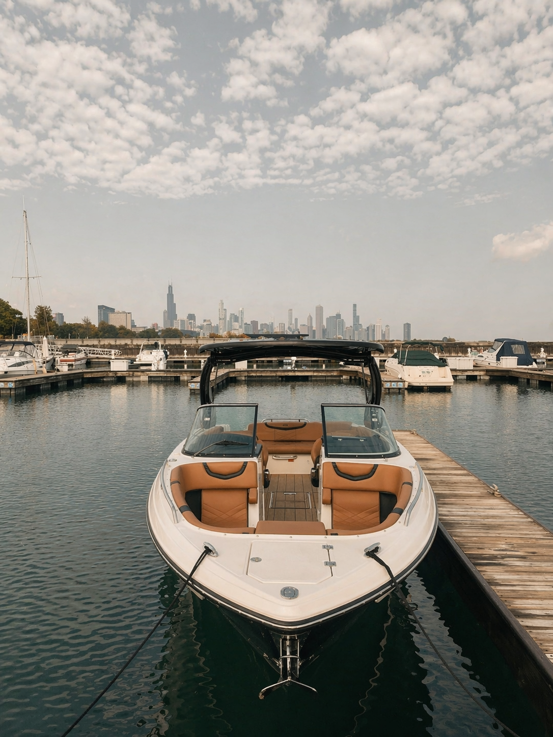 A white speedboat with brown interior docked at a marina, with other boats and the Chicago skyline in the background under a partly cloudy sky.