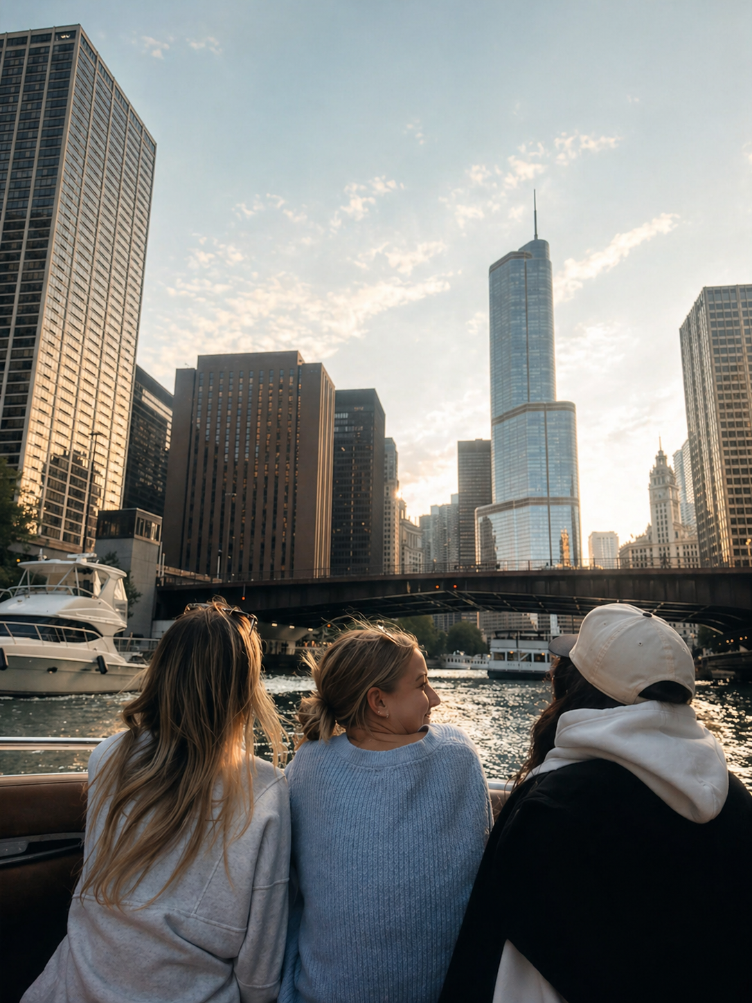 Three women sitting on a boat on a river in Chicago, facing the city skyline with tall skyscrapers at sunset.