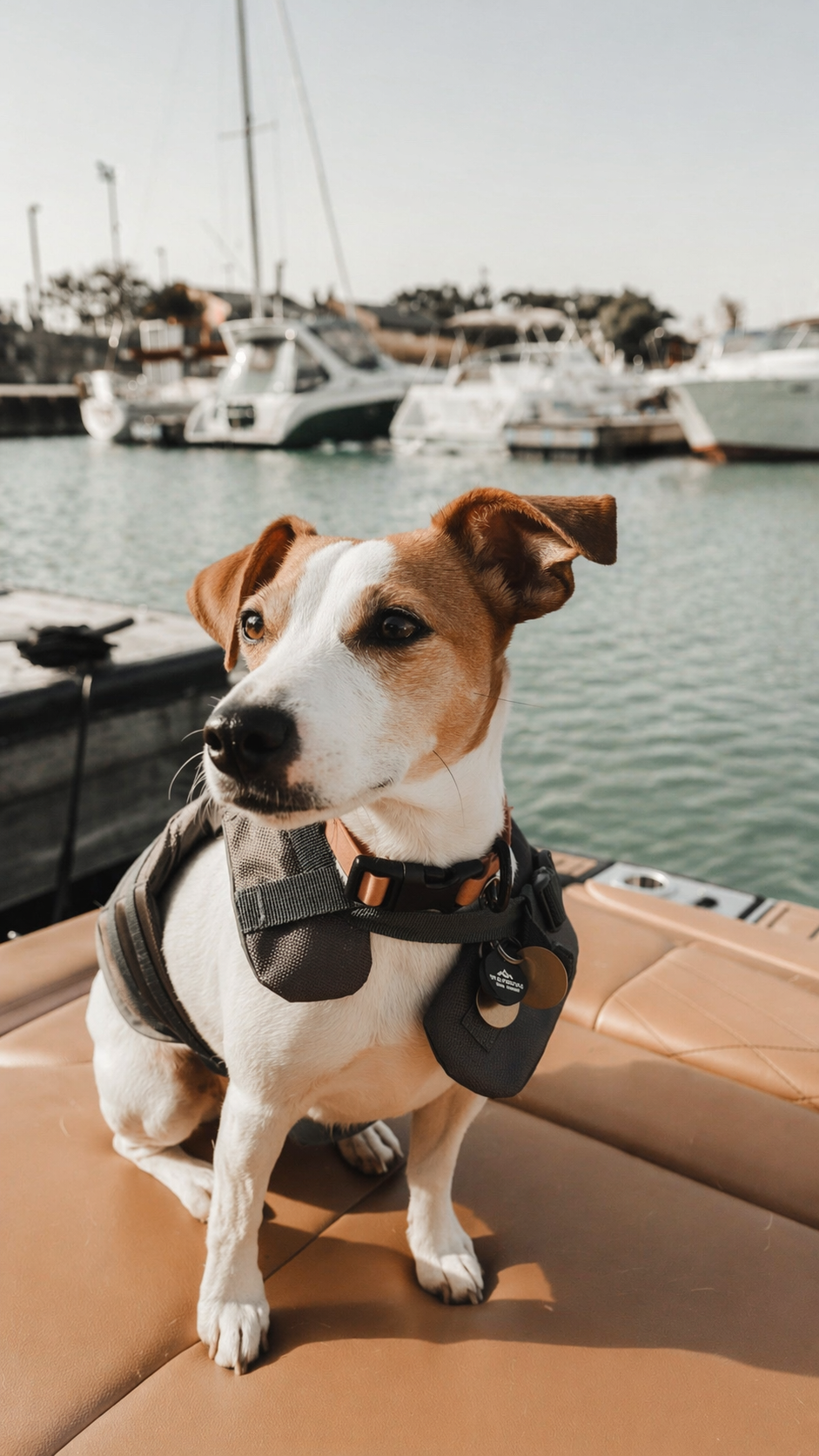 Dog sitting on a boat with a marina and yachts in the background.