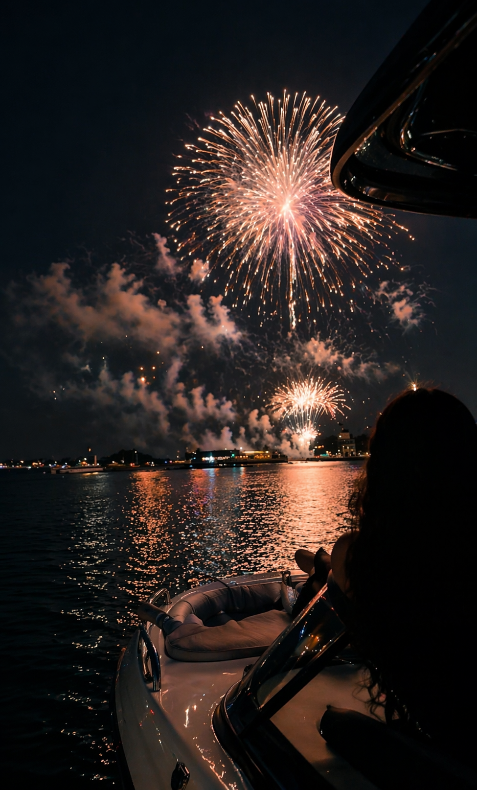 Fireworks exploding in the night sky over a body of water, with reflections on the surface. A person is sitting on a boat in the foreground, watching the fireworks display.