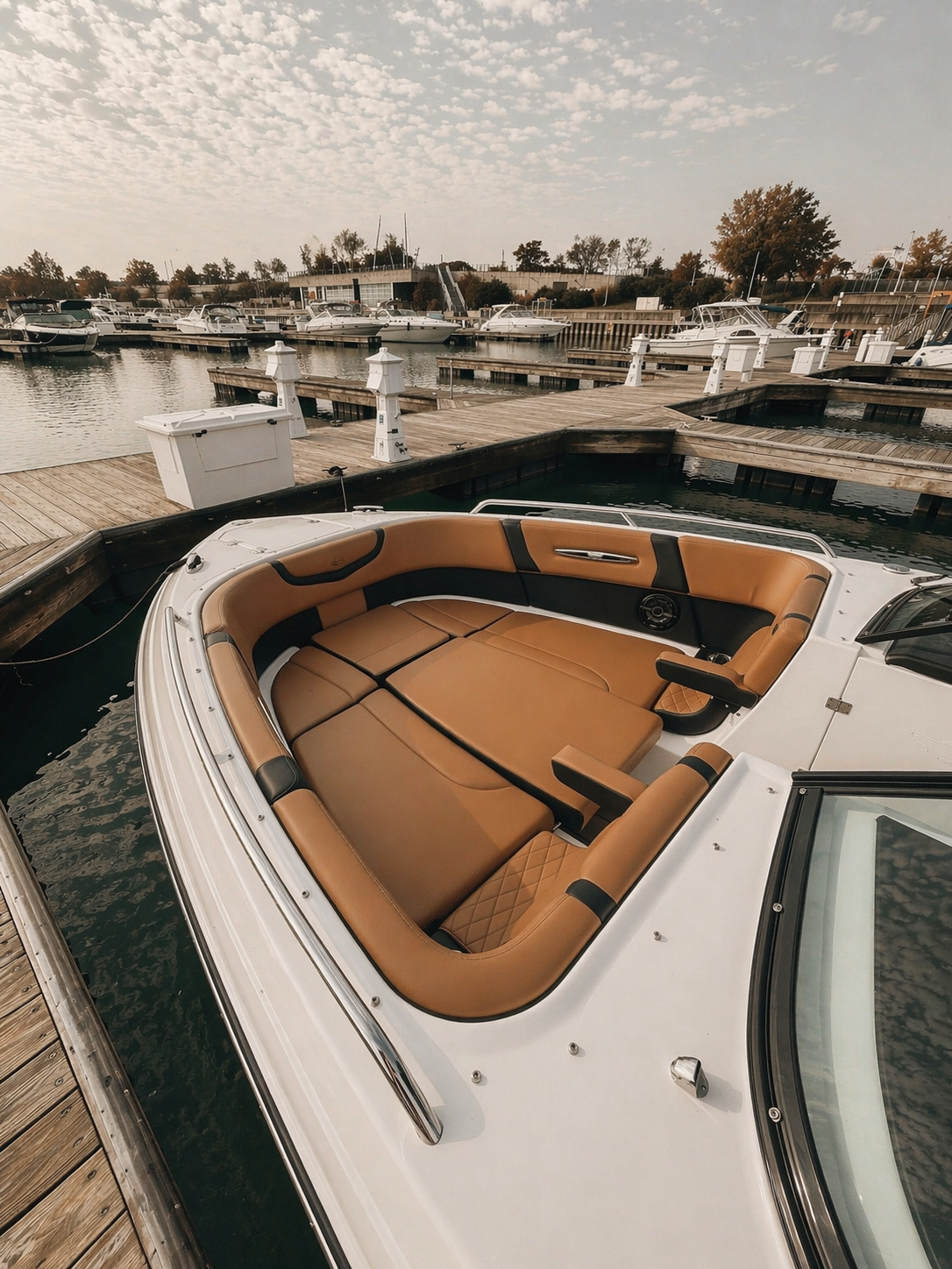 Close-up of a white motorboat with brown leather seating at a marina, docked along wooden piers with other boats and a cloudy sky in the background.