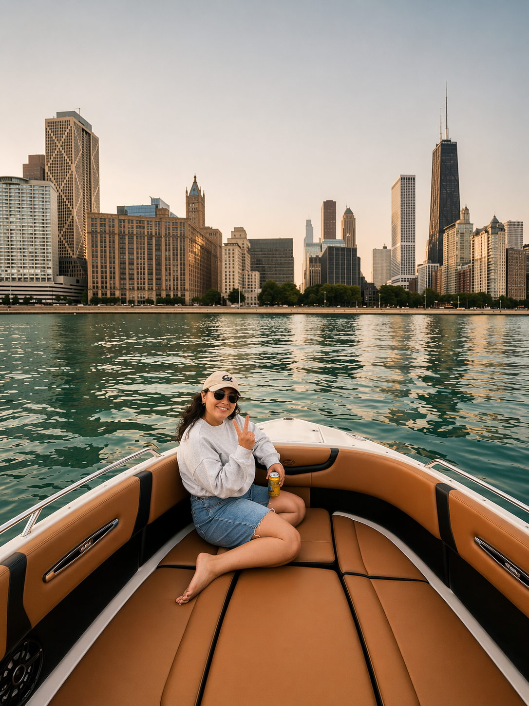 A woman sitting on a boat at sunset with a city skyline in the background, making a peace sign and holding a drink.