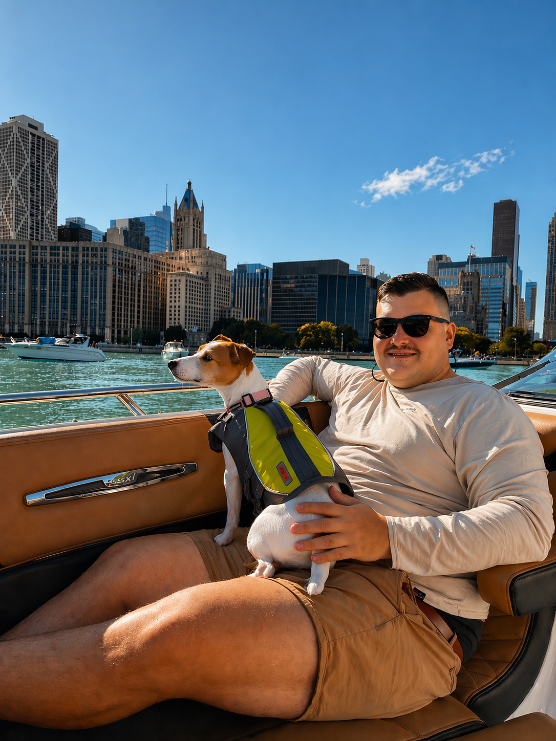 Man wearing sunglasses and a beige long-sleeve shirt sitting on a boat with a small dog wearing a life jacket, with a city skyline in the background.