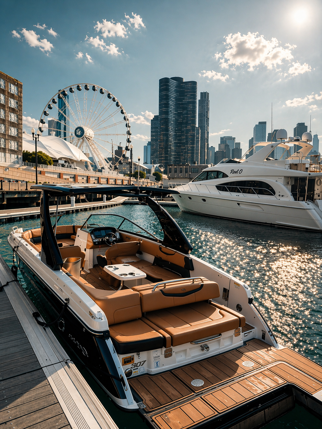Luxury boats docked at a pier in a city marina with tall city buildings and a Ferris wheel in the background on a sunny day.