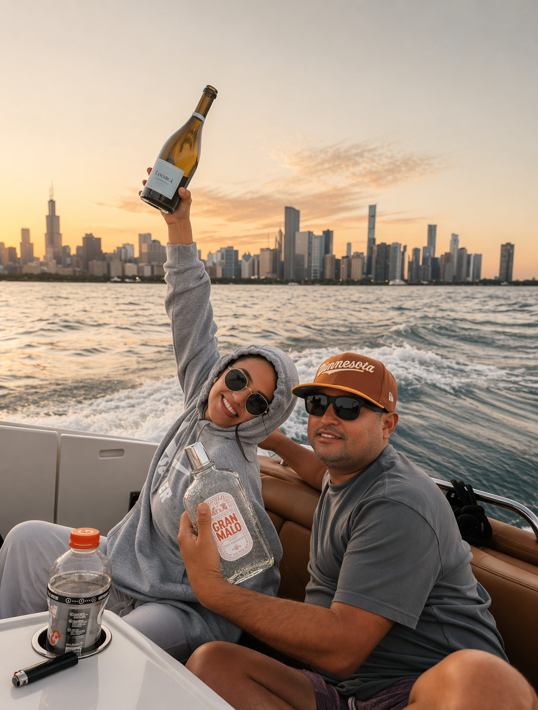 Two people on a boat at sunset celebrating with bottles of alcohol, smiling and wearing sunglasses, with a city skyline in the background.