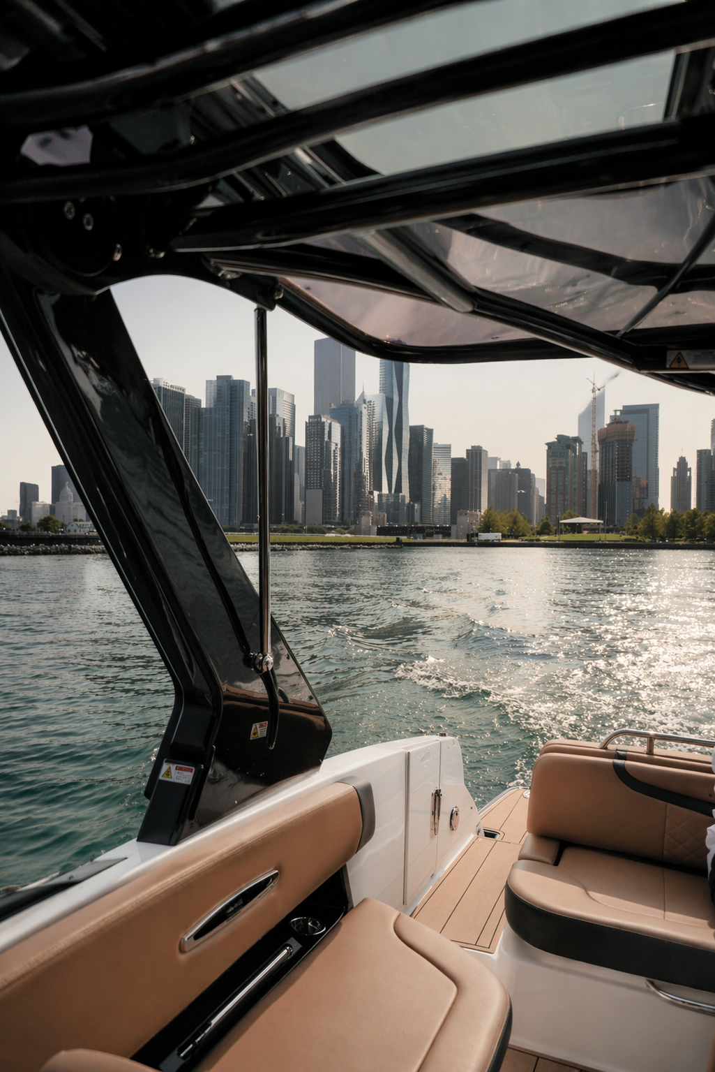 View from a boat on a river, showing a city skyline with tall modern buildings in the background and tan seating in the foreground.