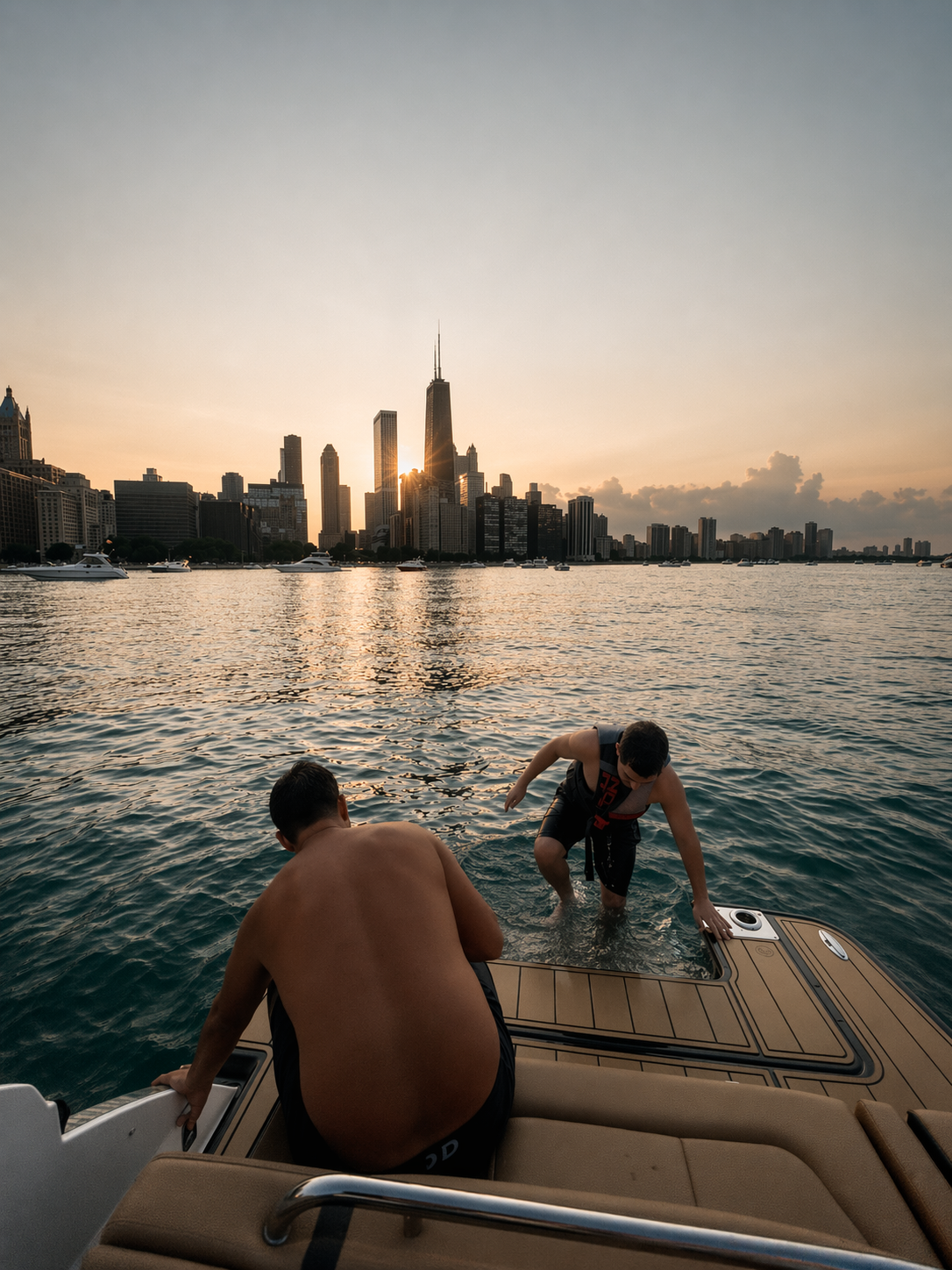 Two young men on a boat during sunset, one sitting on the boat and the other climbing in the water, with a city skyline and skyscrapers in the background.