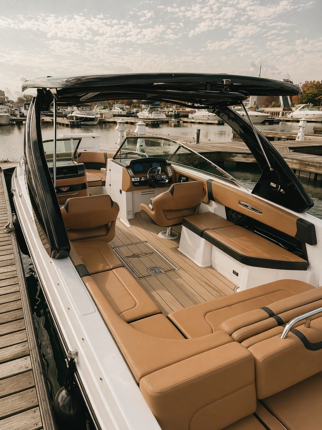 Interior view of a luxury motorboat docked at a marina with multiple boats in the background, featuring beige seating, a steering wheel, and navigational controls.