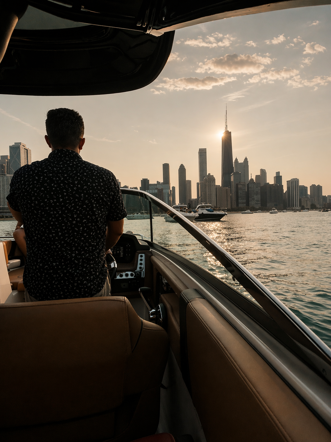 Person steering a yacht on the water with the Chicago skyline in the background during sunset.