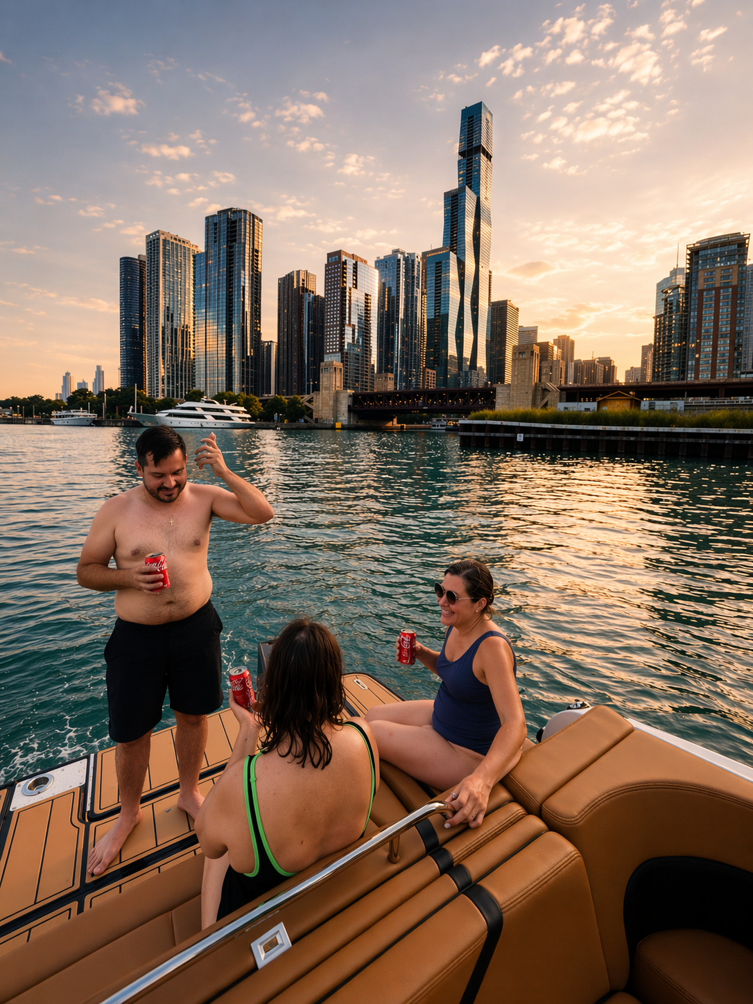 Three people on a boat enjoying drinks at sunset with a city skyline in the background.
