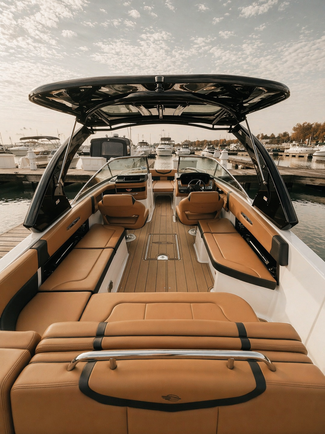 Interior of a luxury motorboat docked at a marina, with tan leather seats, a wood floor, and a view of other boats on the water.