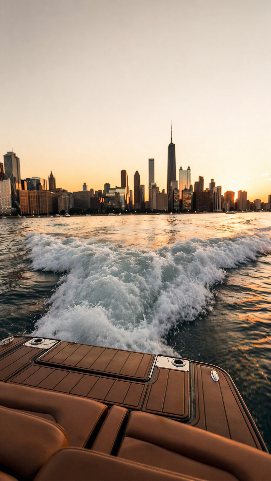 View from a boat showing water and the New York City skyline at sunset, including the One World Trade Center and other tall buildings.