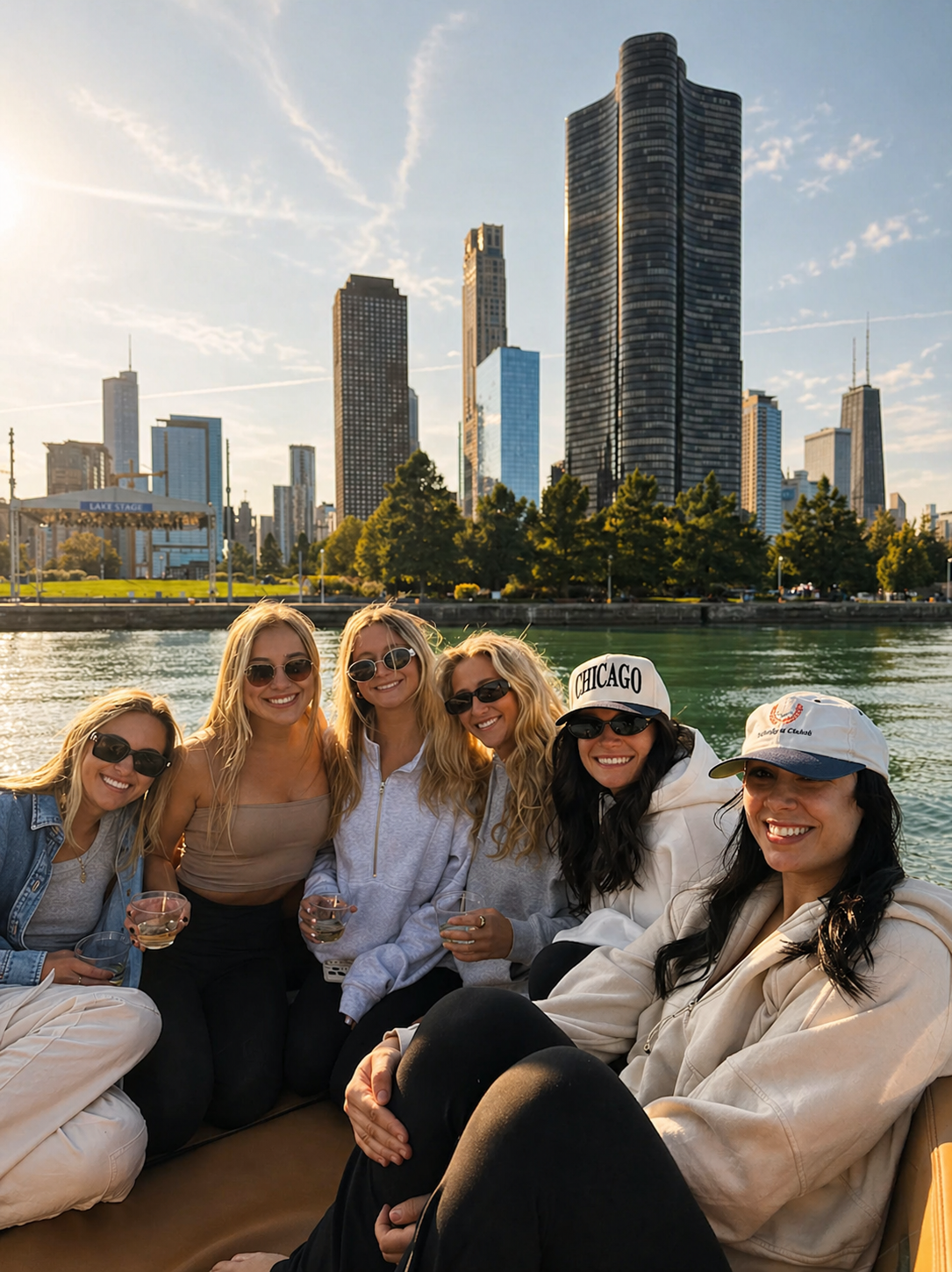 Group of six women wearing sunglasses smiling and holding drinks while sitting outdoors with Chicago city skyline in the background.