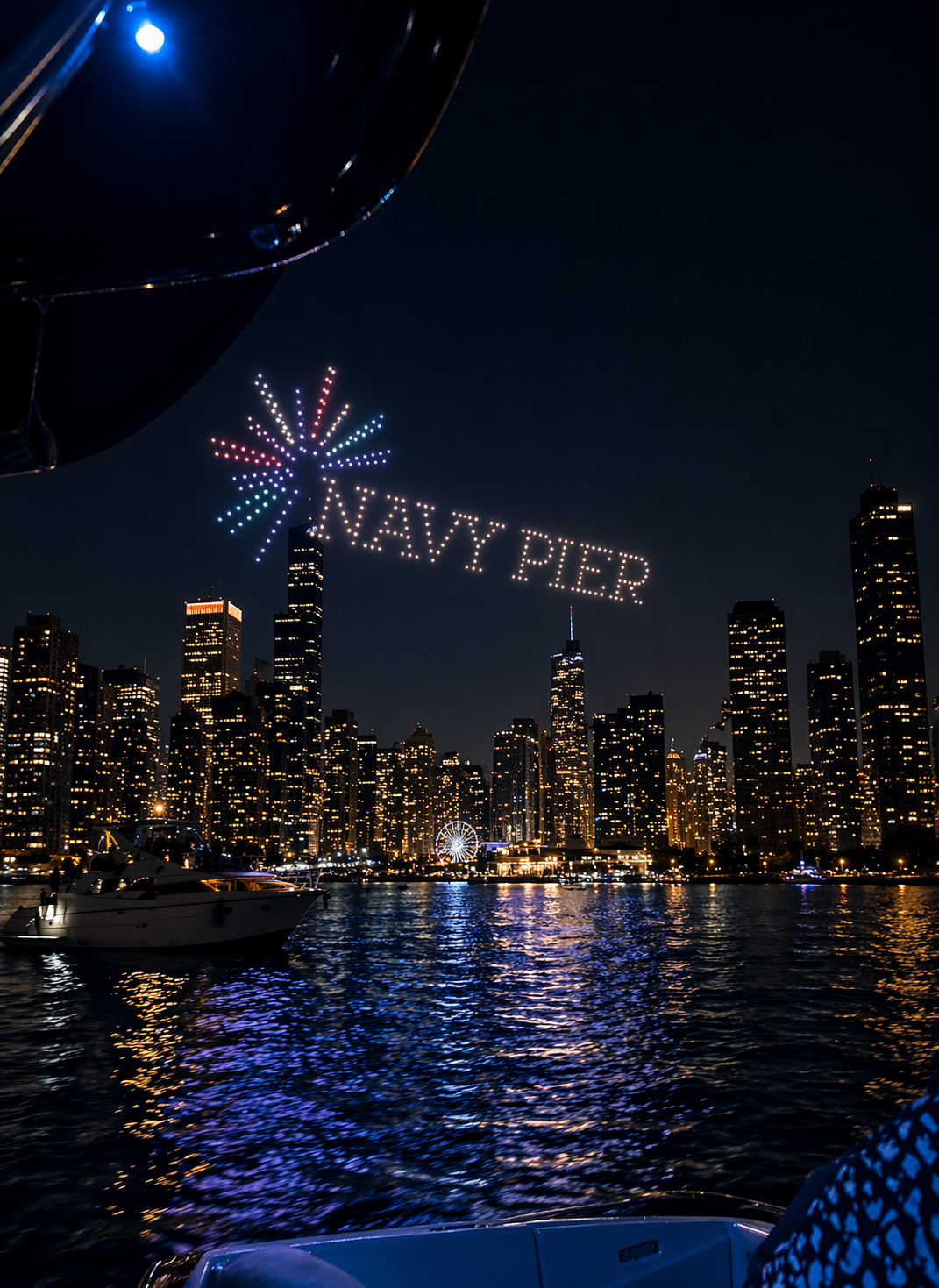 Nighttime view of New York City skyline from a boat on the water with fireworks and drone display spelling out "NAUTY PIER" in the sky.