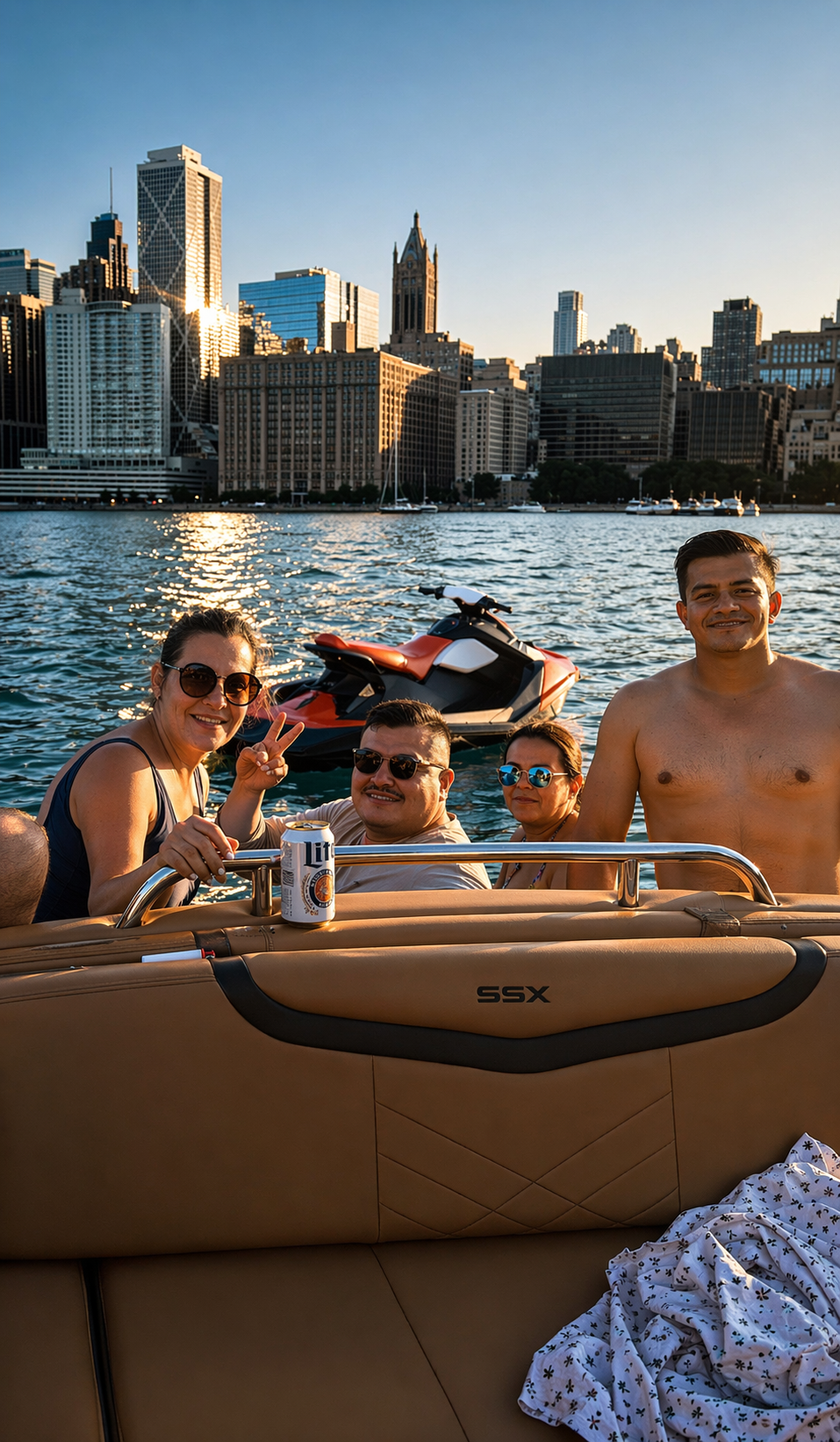 Group of people enjoying a boat ride on a body of water with city skyline in the background, during sunset, with a jet ski nearby and a can of beer in hand.