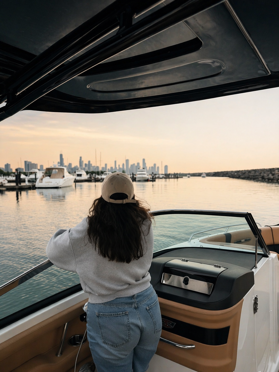 Person in a gray hoodie and jeans standing on a boat, looking at the city skyline and boats on the water during sunset.