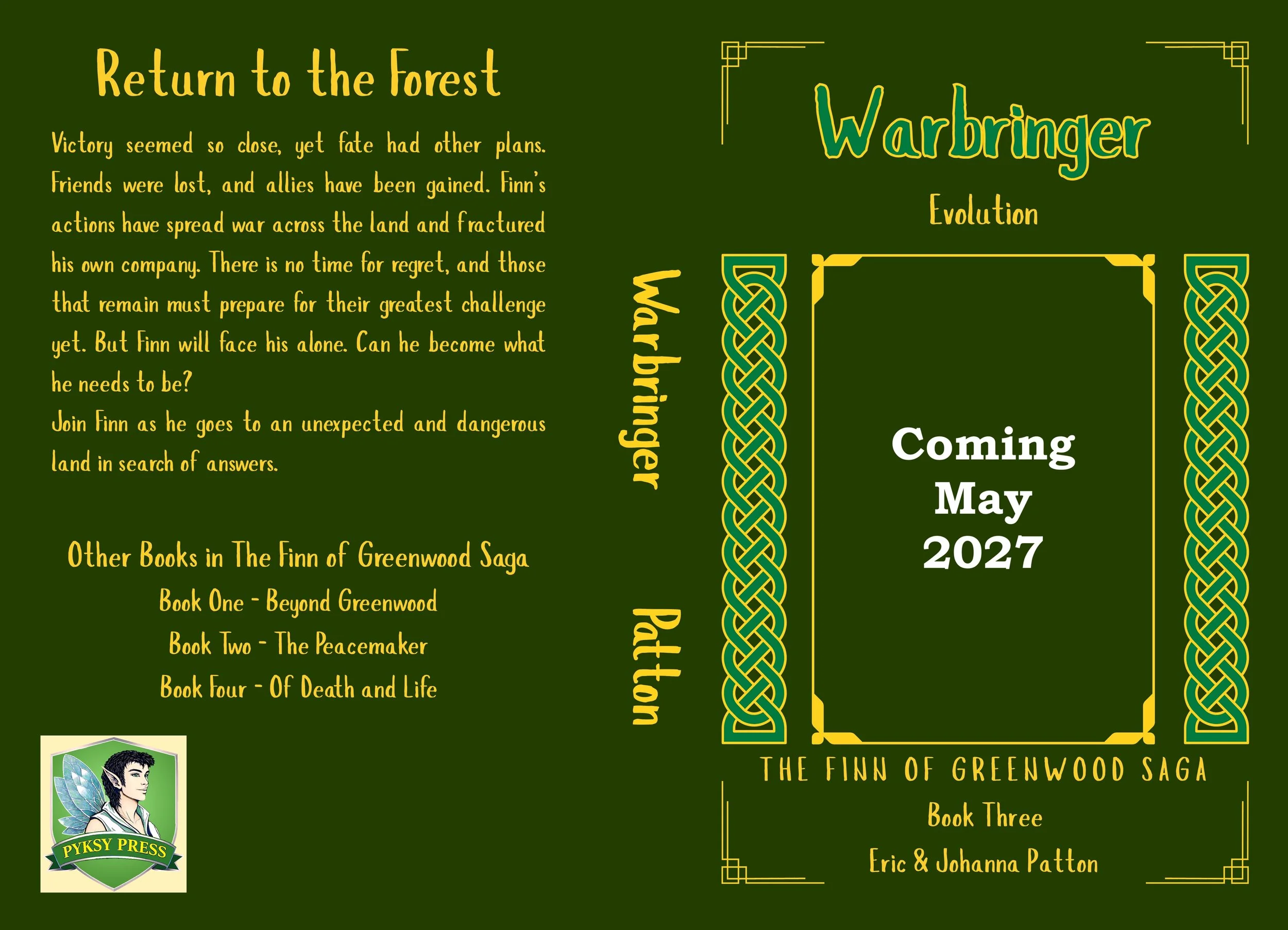 Book cover titled "Warbringer: Return to the Forest" with a green background, yellow and teal text, decorative border, and a small illustration of a fairy or elf in the bottom left corner.