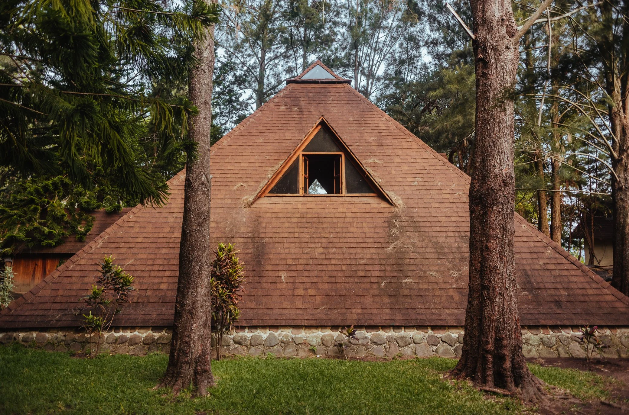 Casa de madera con techo de tejas, rodeada de árboles en un entorno natural.