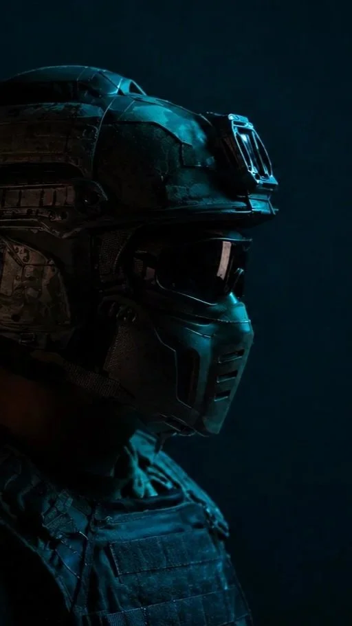 A person in tactical gear and a combat helmet, facing sideways in a dark setting with blue lighting.