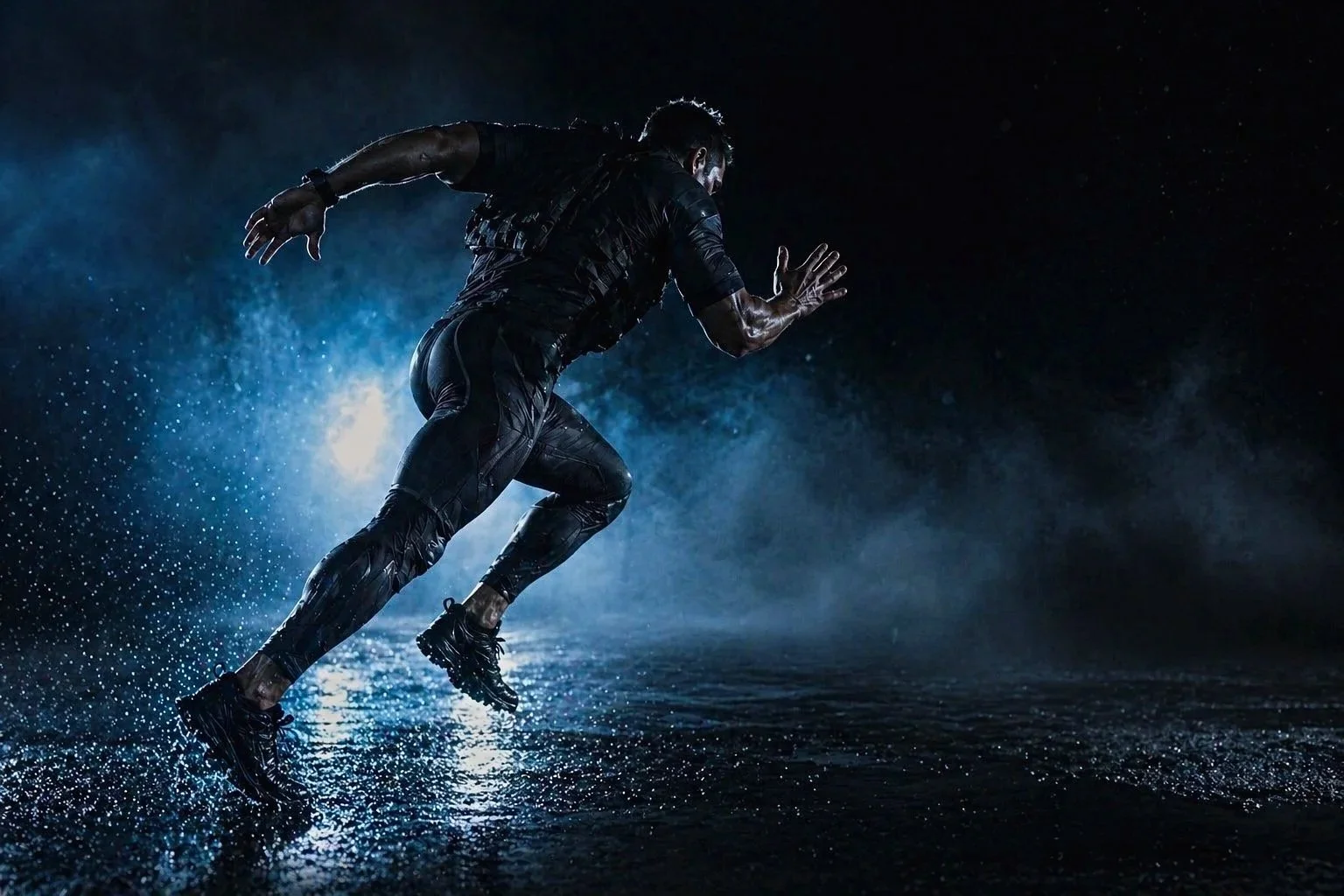 A person running in the rain at night, wearing black athletic gear, with water splashing around their feet.