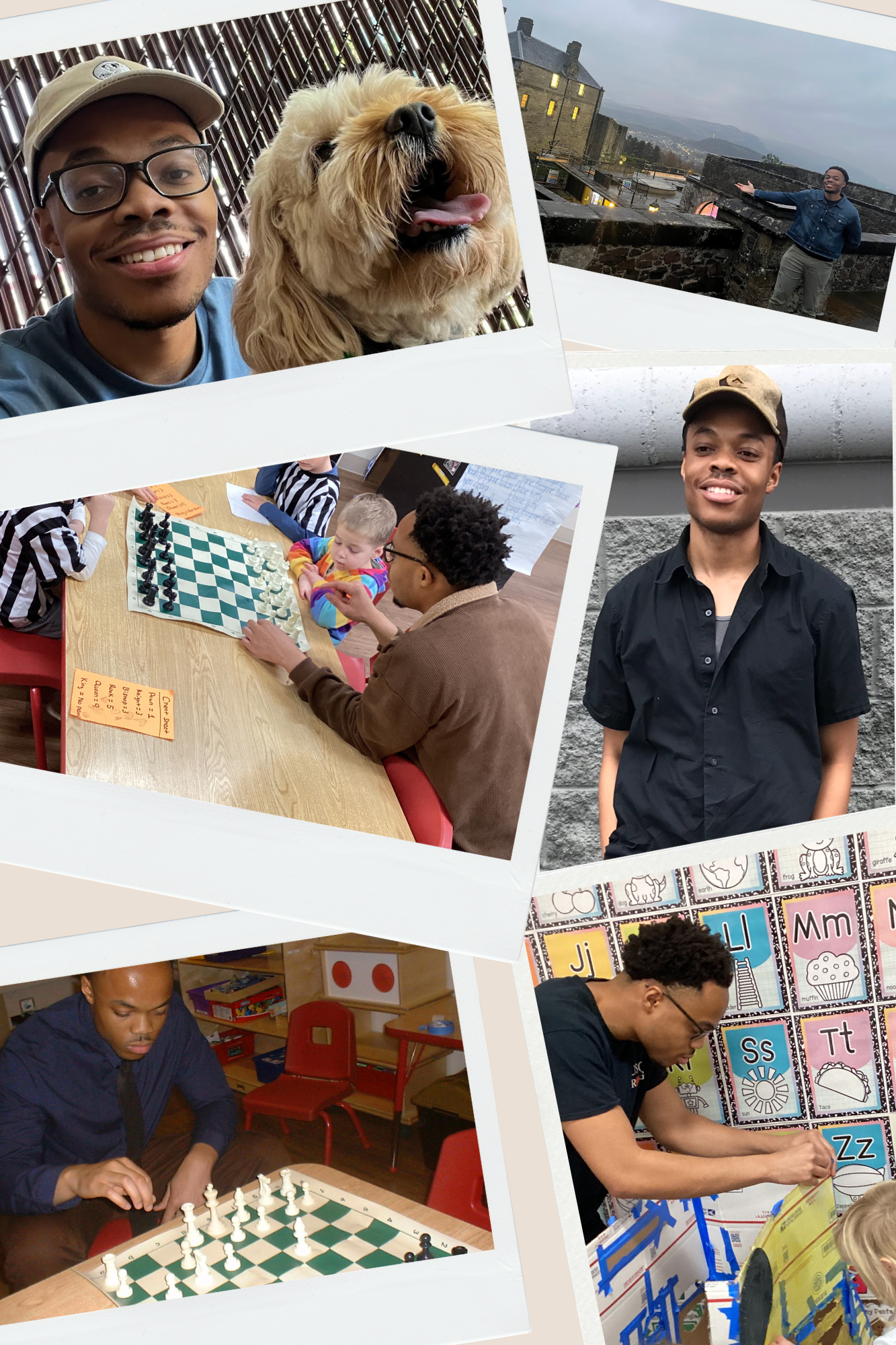 Collage of several photos including a man with glasses and a cap with a golden retriever, a person on a historic castle wall pointing, children and adults playing chess, a young man smiling in front of a gray wall with educational posters, and a young man playing chess at a school classroom with red chairs and a chessboard.